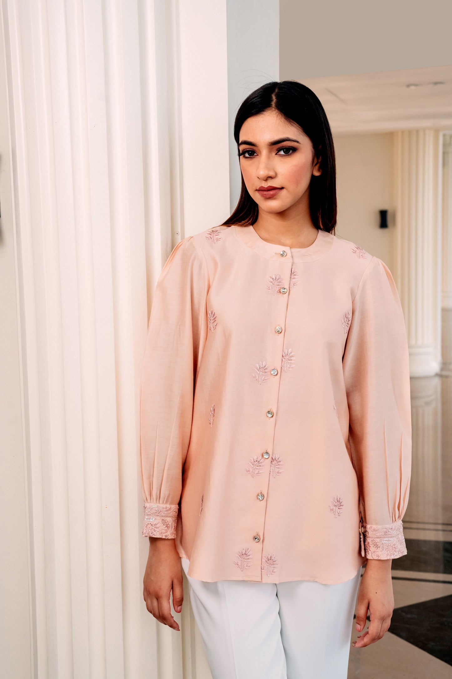 Light Peach Chanderi Silk Highlighted Chinese Collar Shirt