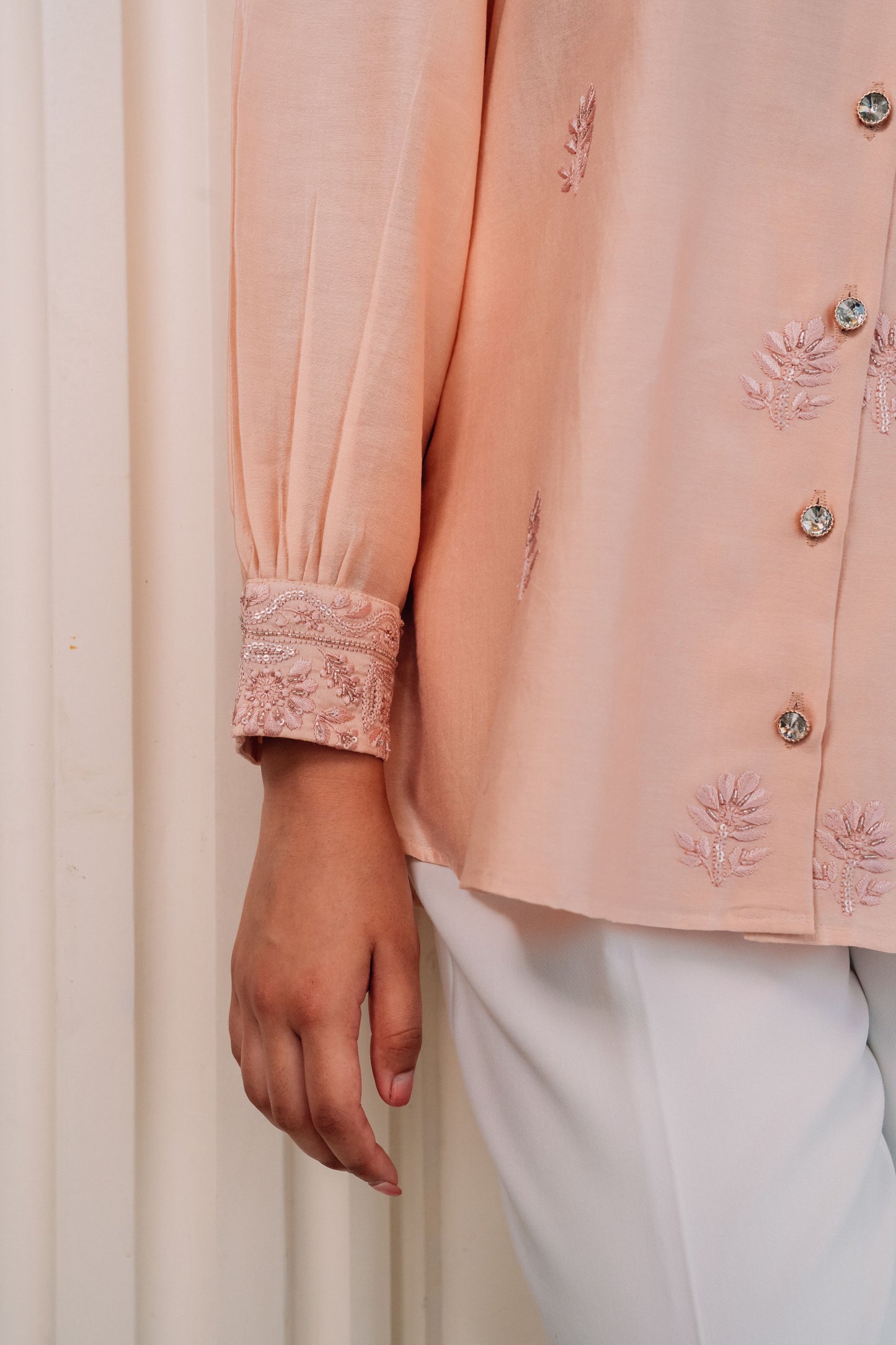 Light Peach Chanderi Silk Highlighted Chinese Collar Shirt