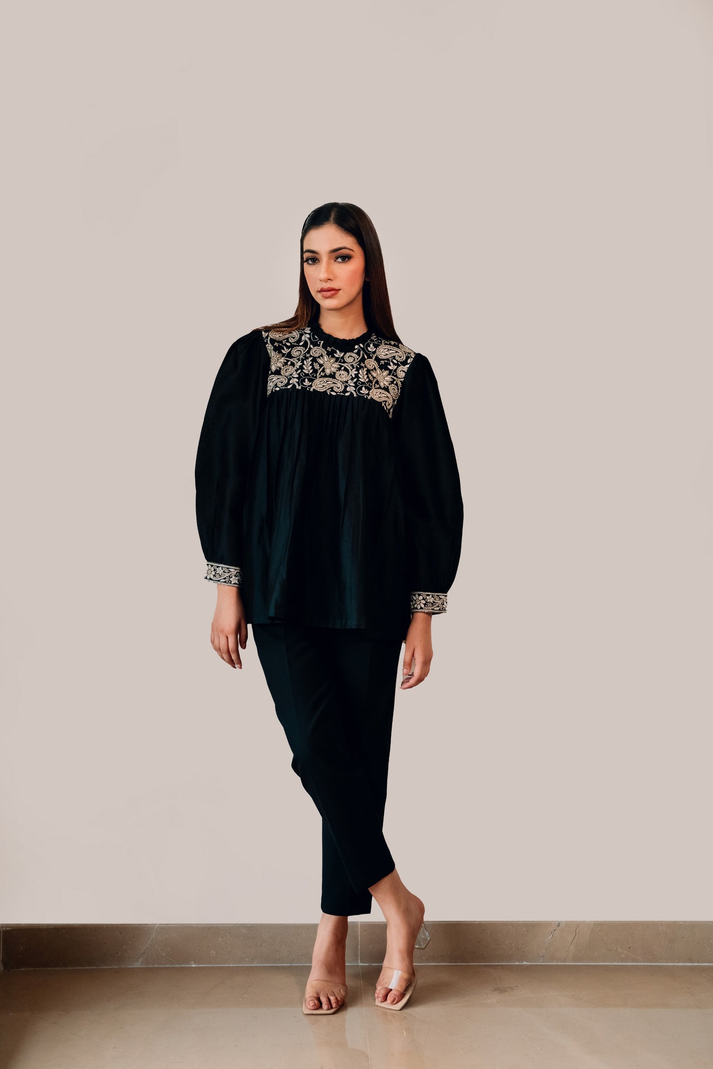 Black Embellished Chanderi Silk Yoke Gathered Top