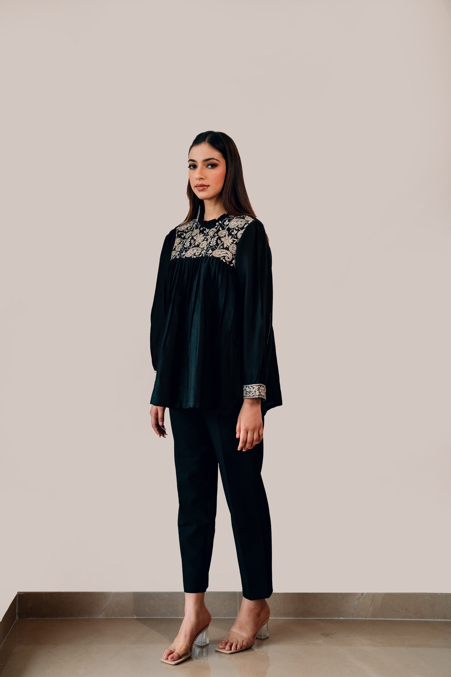 Black Embellished Chanderi Silk Yoke Gathered Top