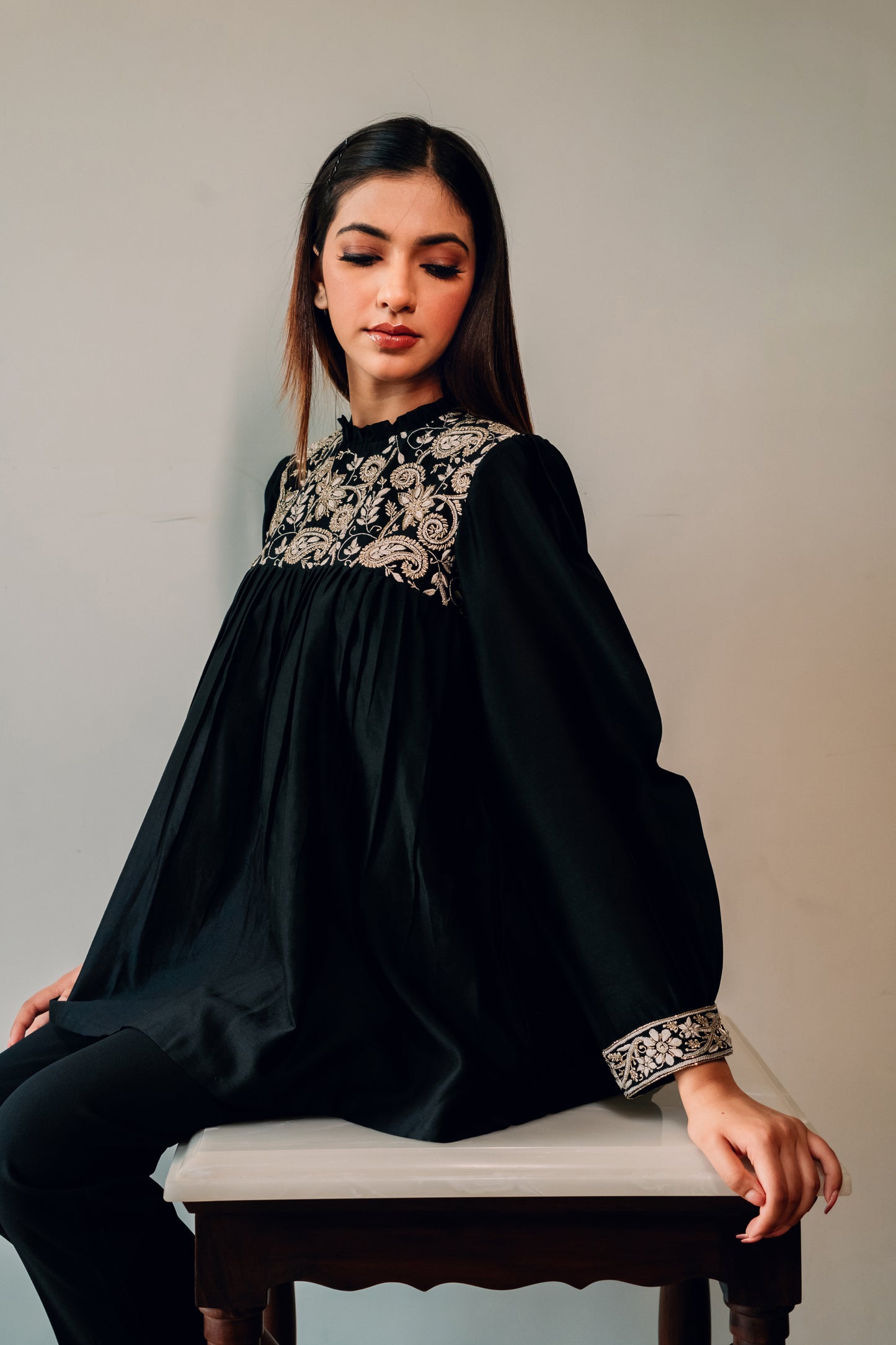 Black Embellished Chanderi Silk Yoke Gathered Top