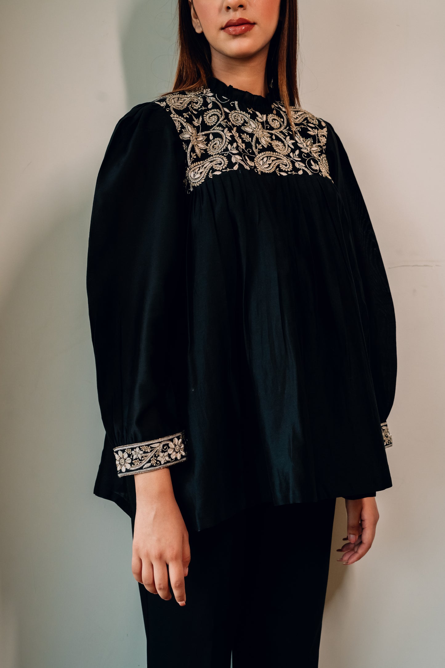 Black Embellished Chanderi Silk Yoke Gathered Top