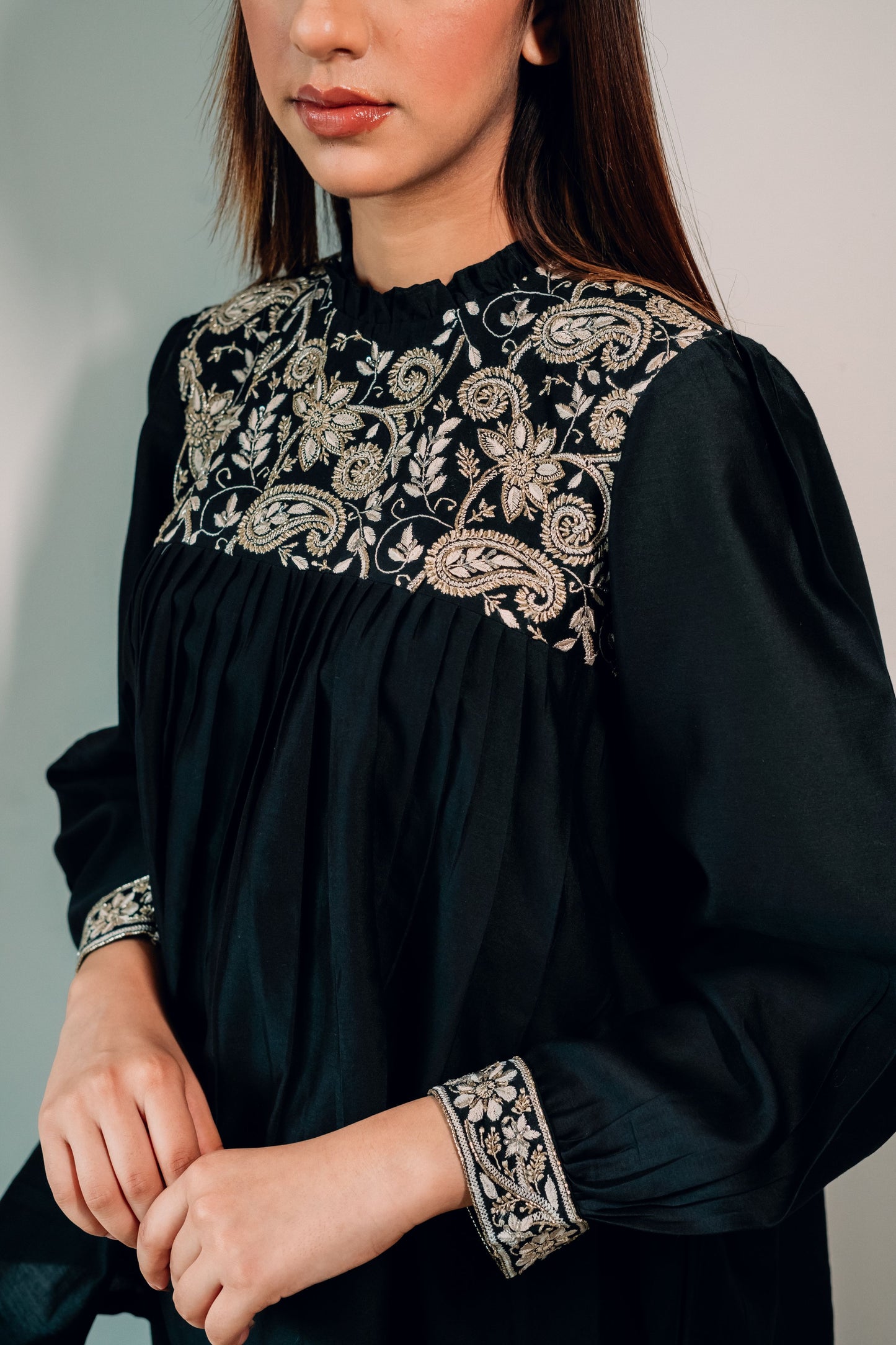 Black Embellished Chanderi Silk Yoke Gathered Top