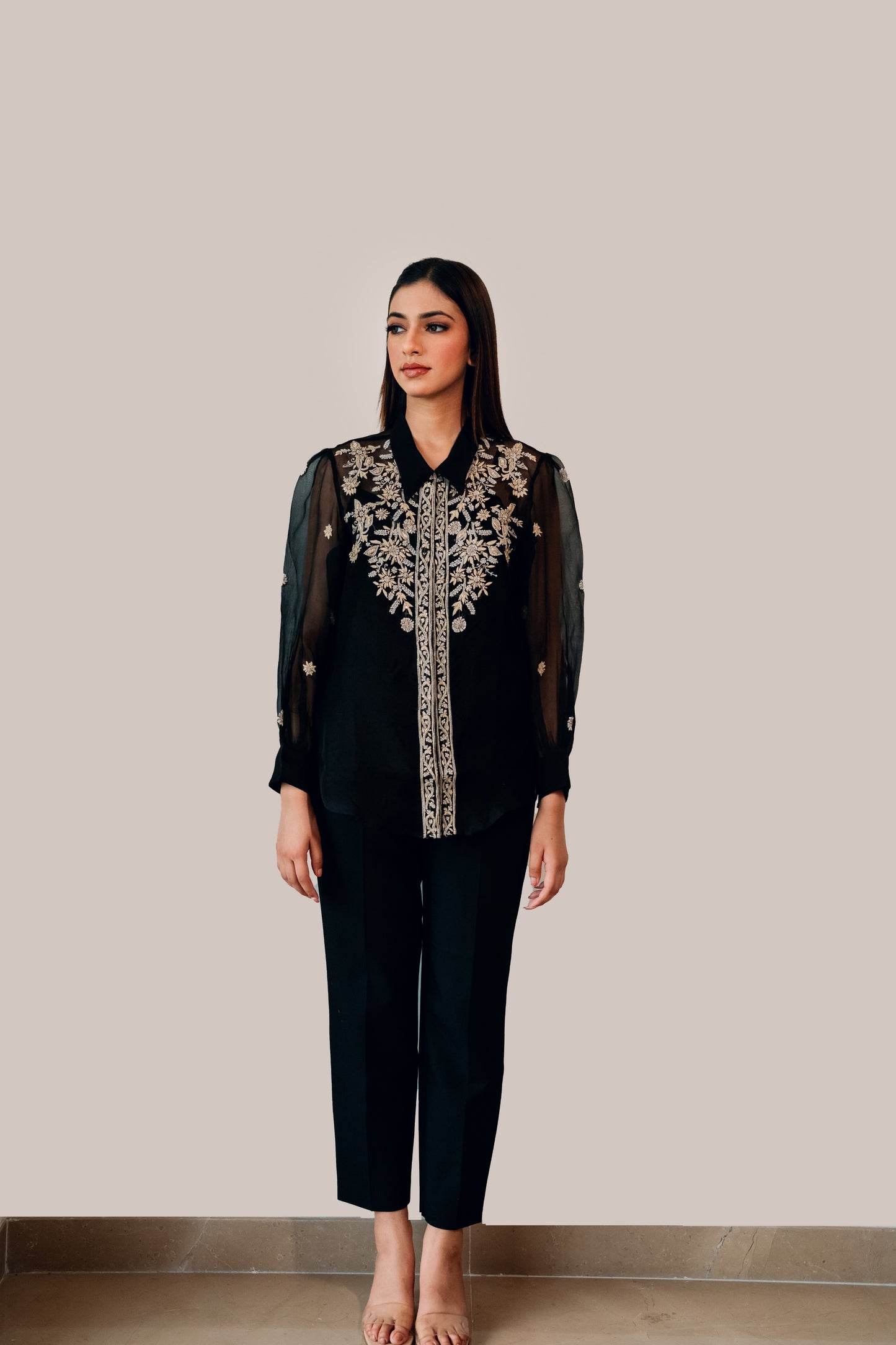 Black Organza Highlighted Chikankari Shirt