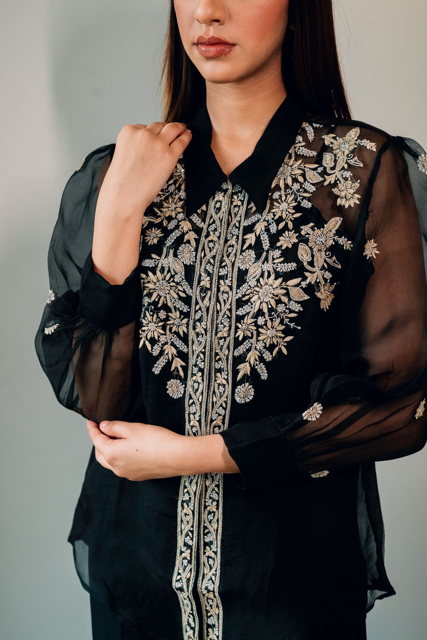 Black Organza Highlighted Chikankari Shirt