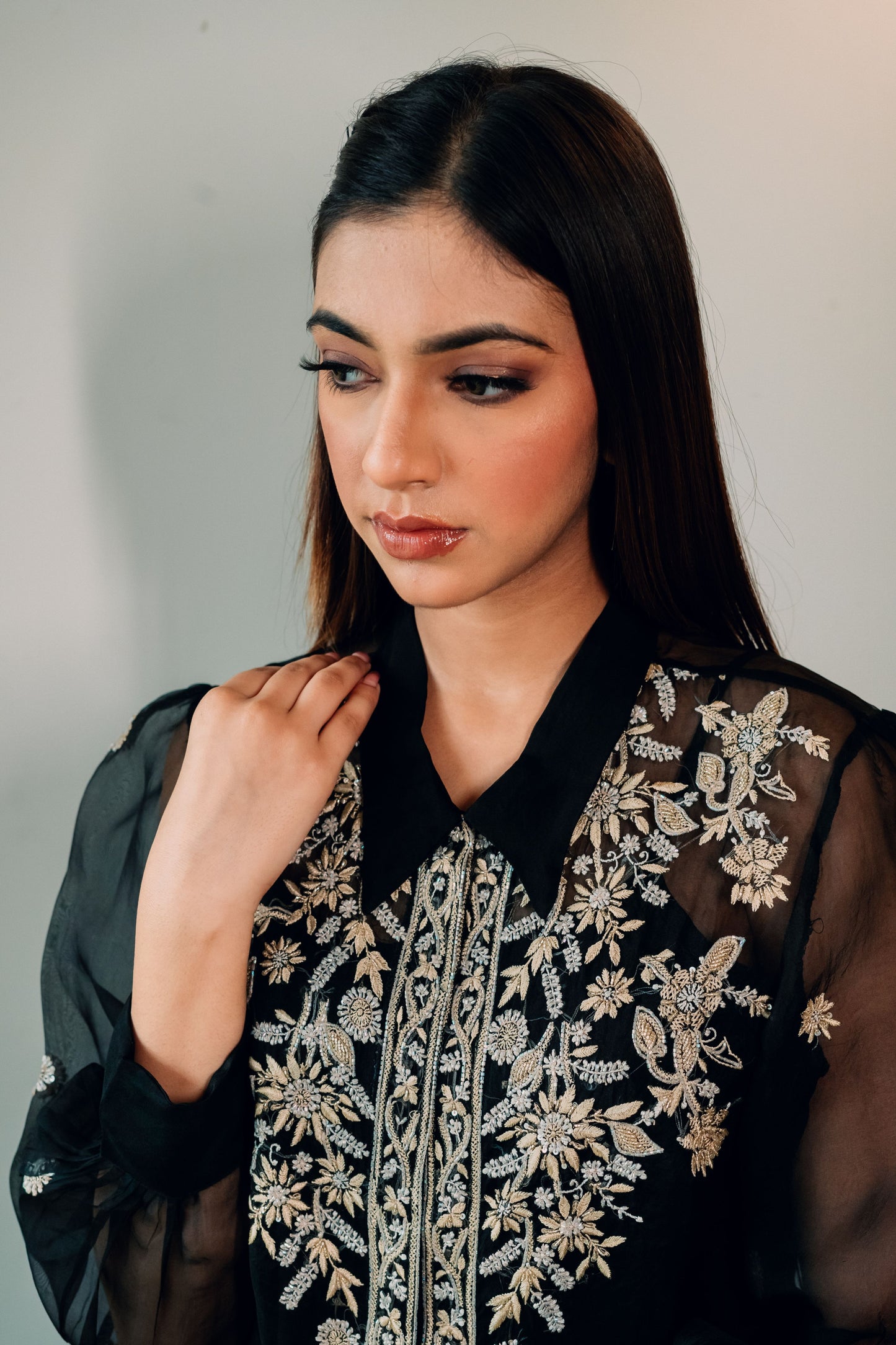 Black Organza Highlighted Chikankari Shirt