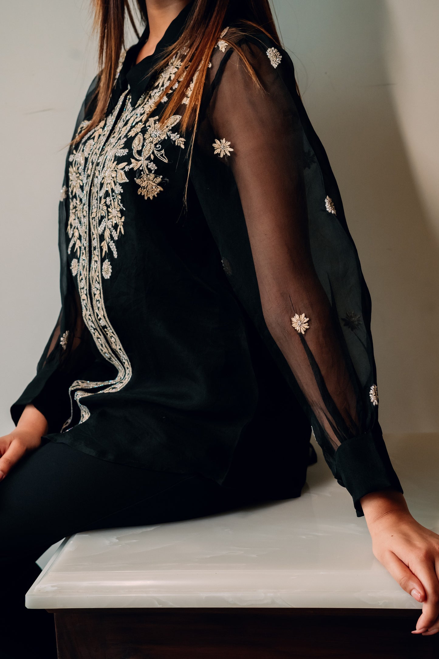 Black Organza Highlighted Chikankari Shirt