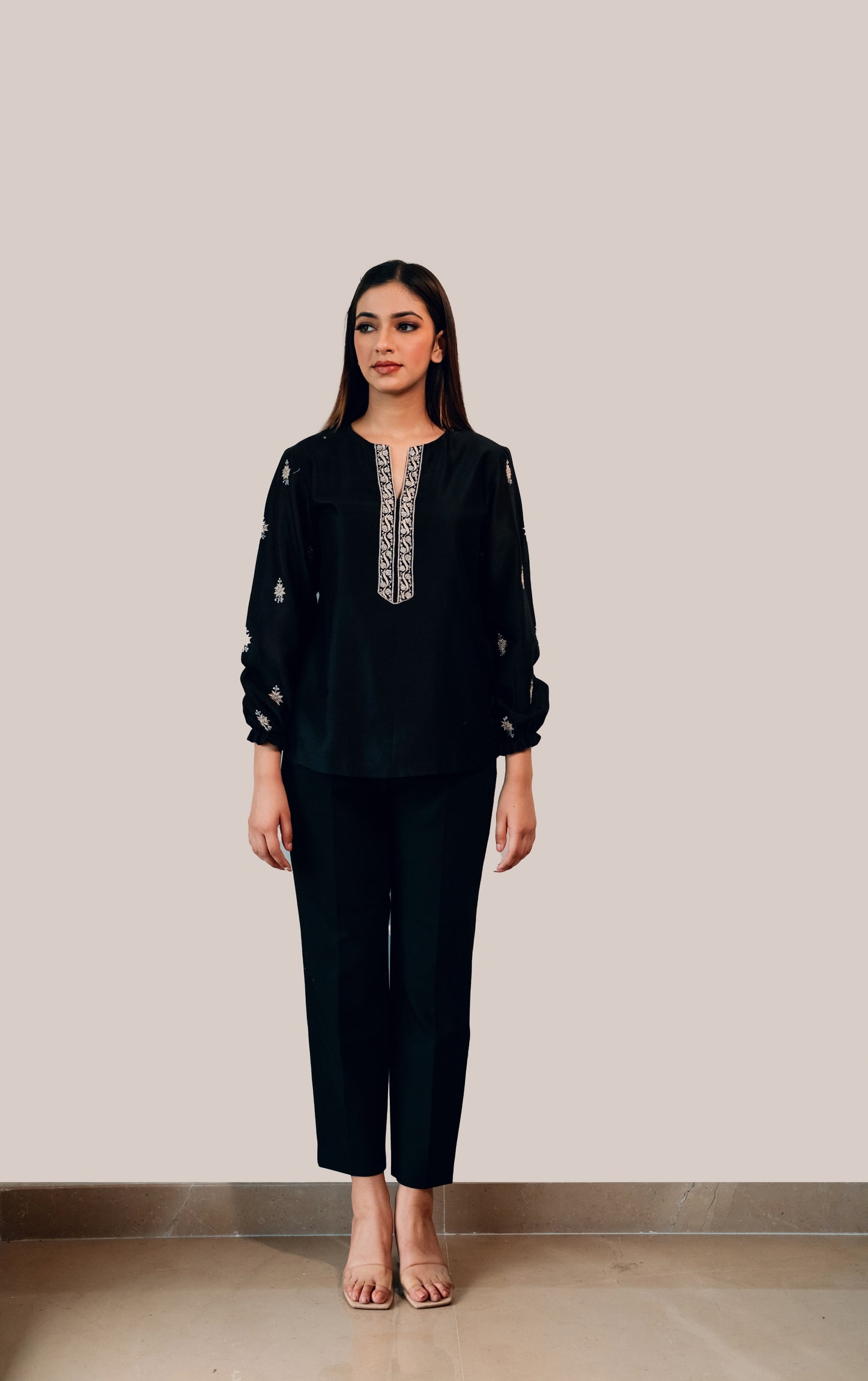 Black Chanderi Silk Chikankari Tunic