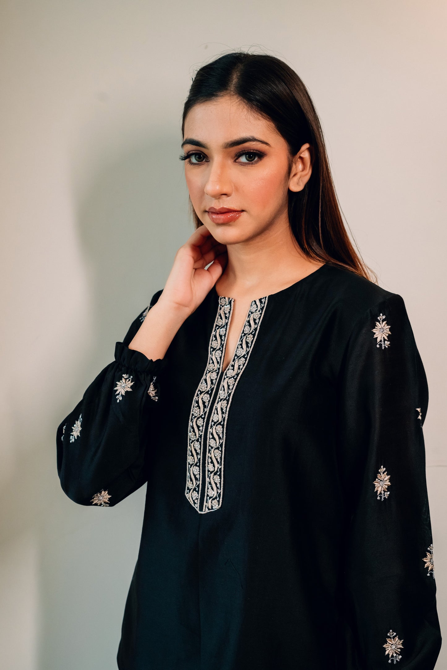 Black Chanderi Silk Chikankari Tunic