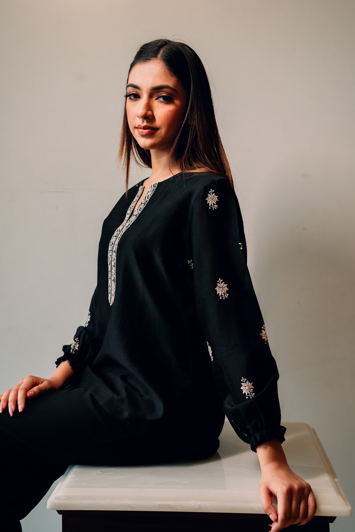 Black Chanderi Silk Chikankari Tunic