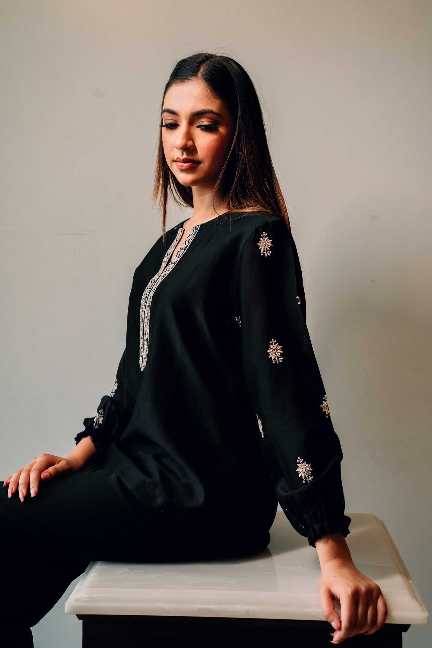 Black Chanderi Silk Chikankari Tunic