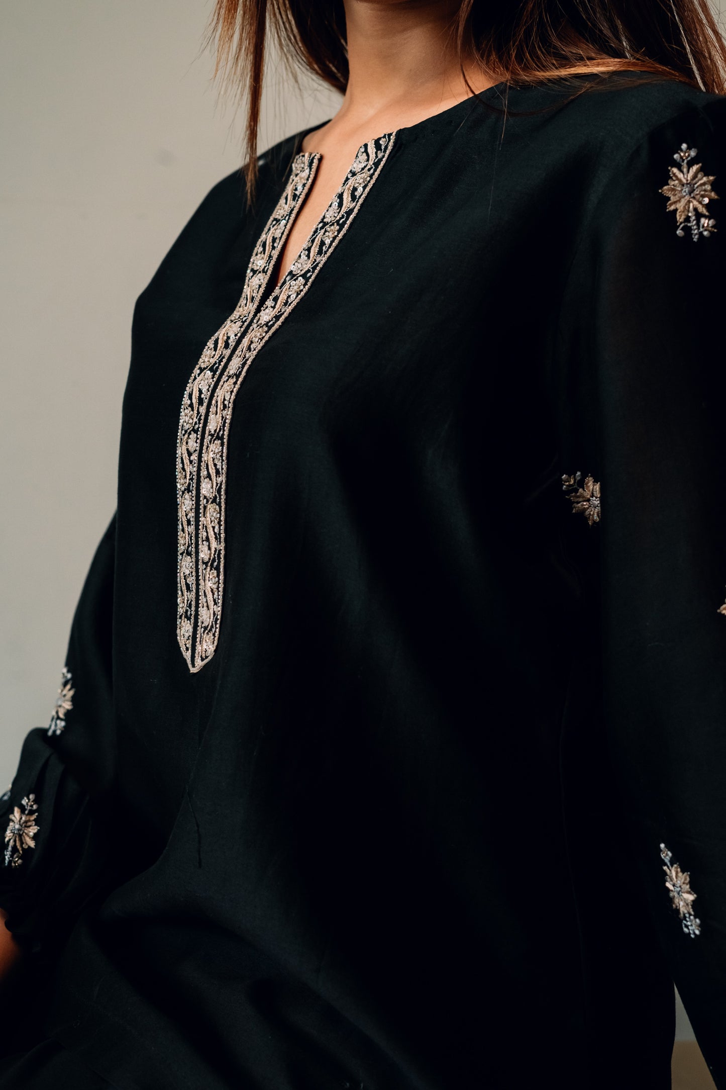 Black Chanderi Silk Chikankari Tunic