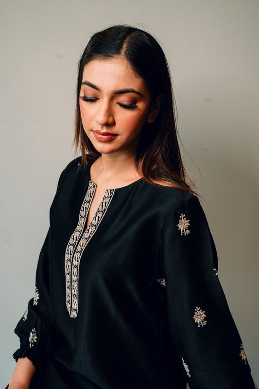 Black Chanderi Silk Chikankari Tunic