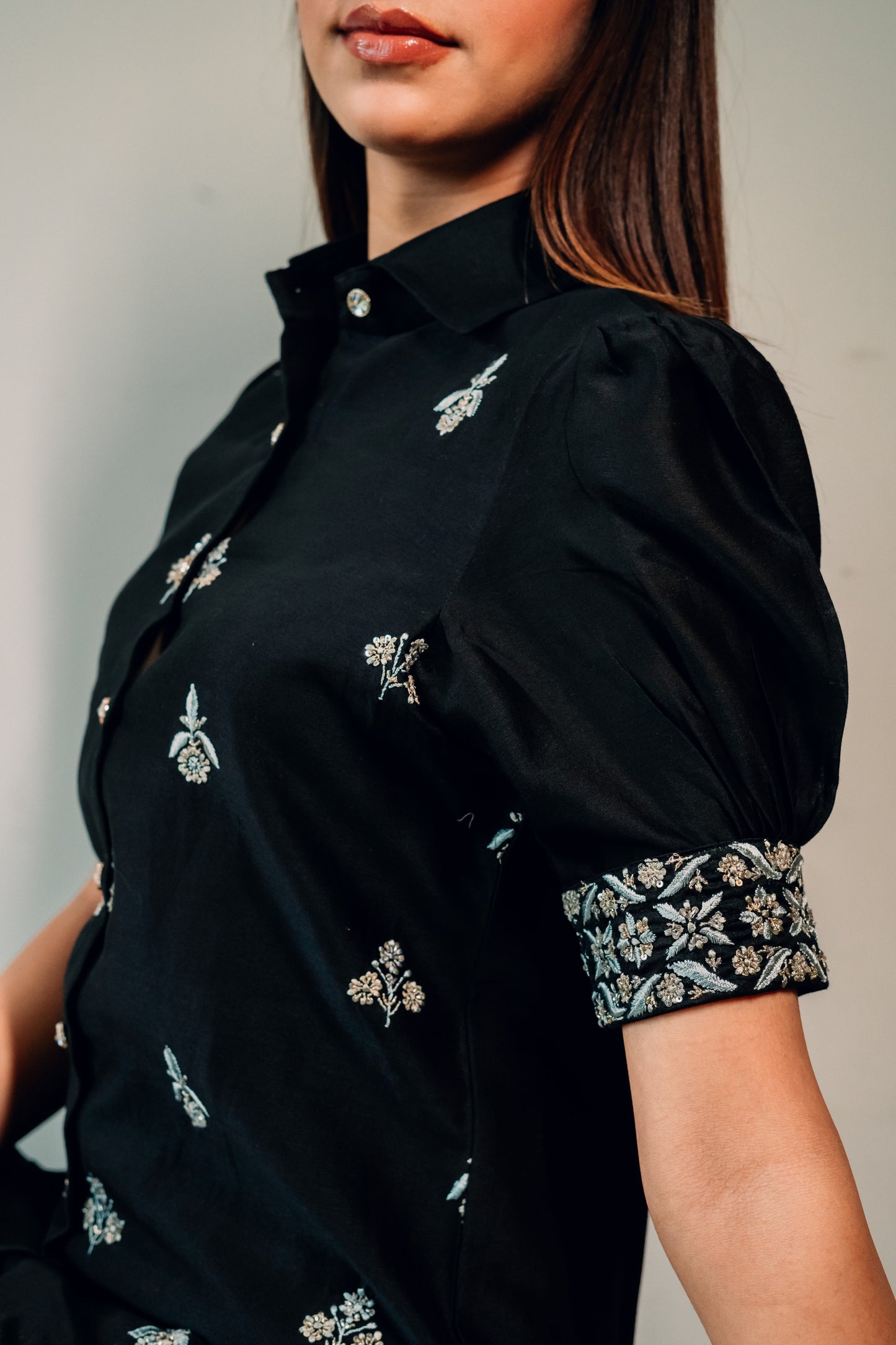 Black Chanderi Silk Highlighted Half Sleeve Collar Shirt