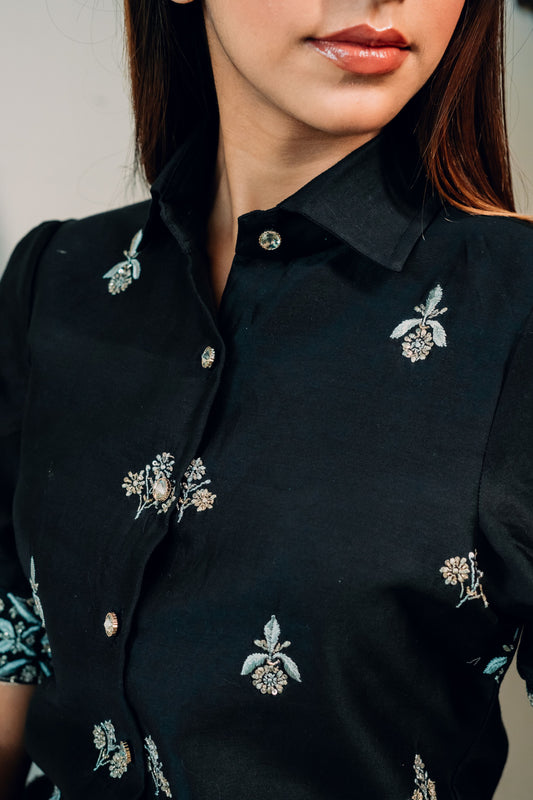 Black Chanderi Silk Highlighted Half Sleeve Collar Shirt