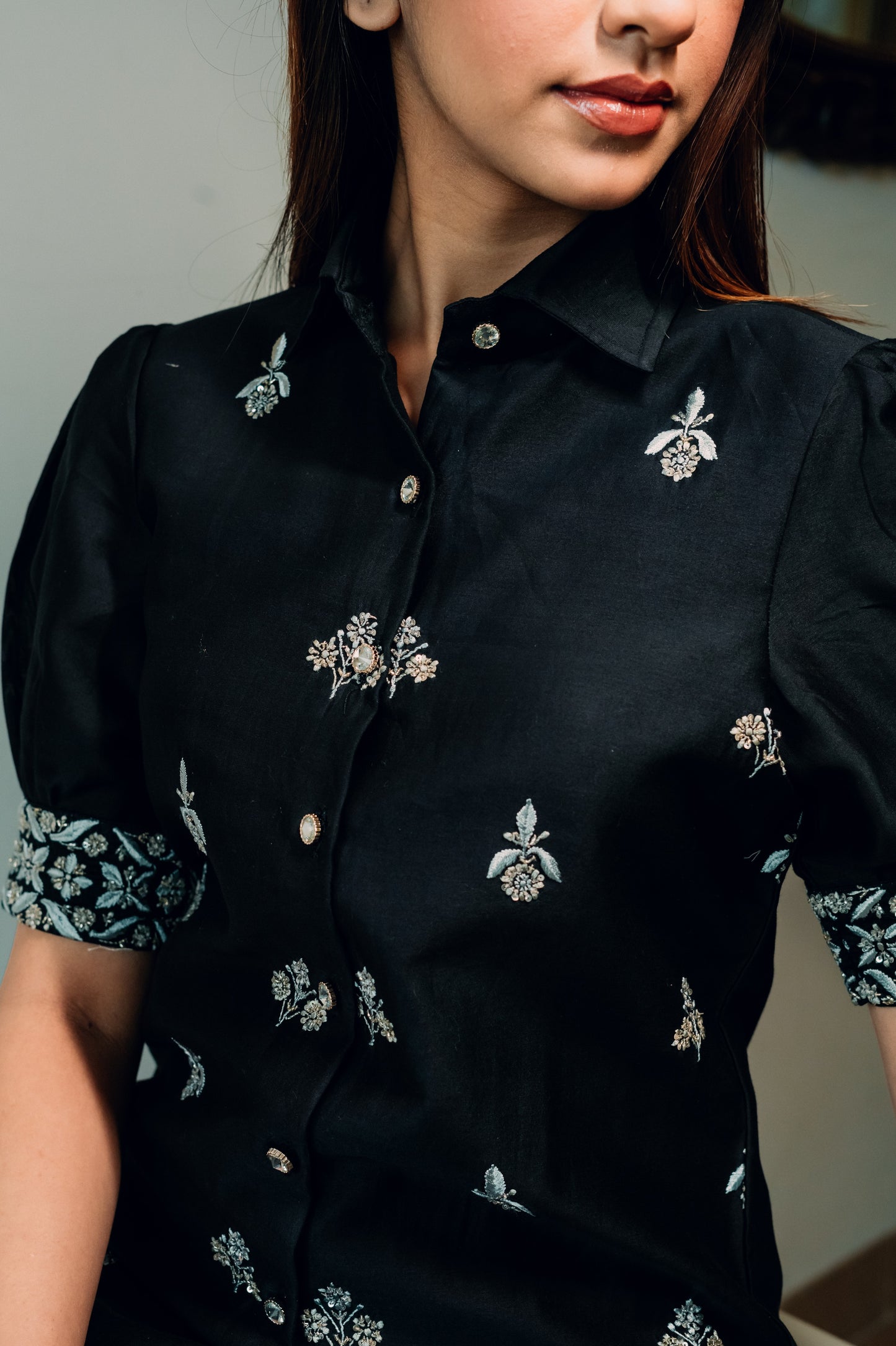 Black Chanderi Silk Highlighted Half Sleeve Collar Shirt