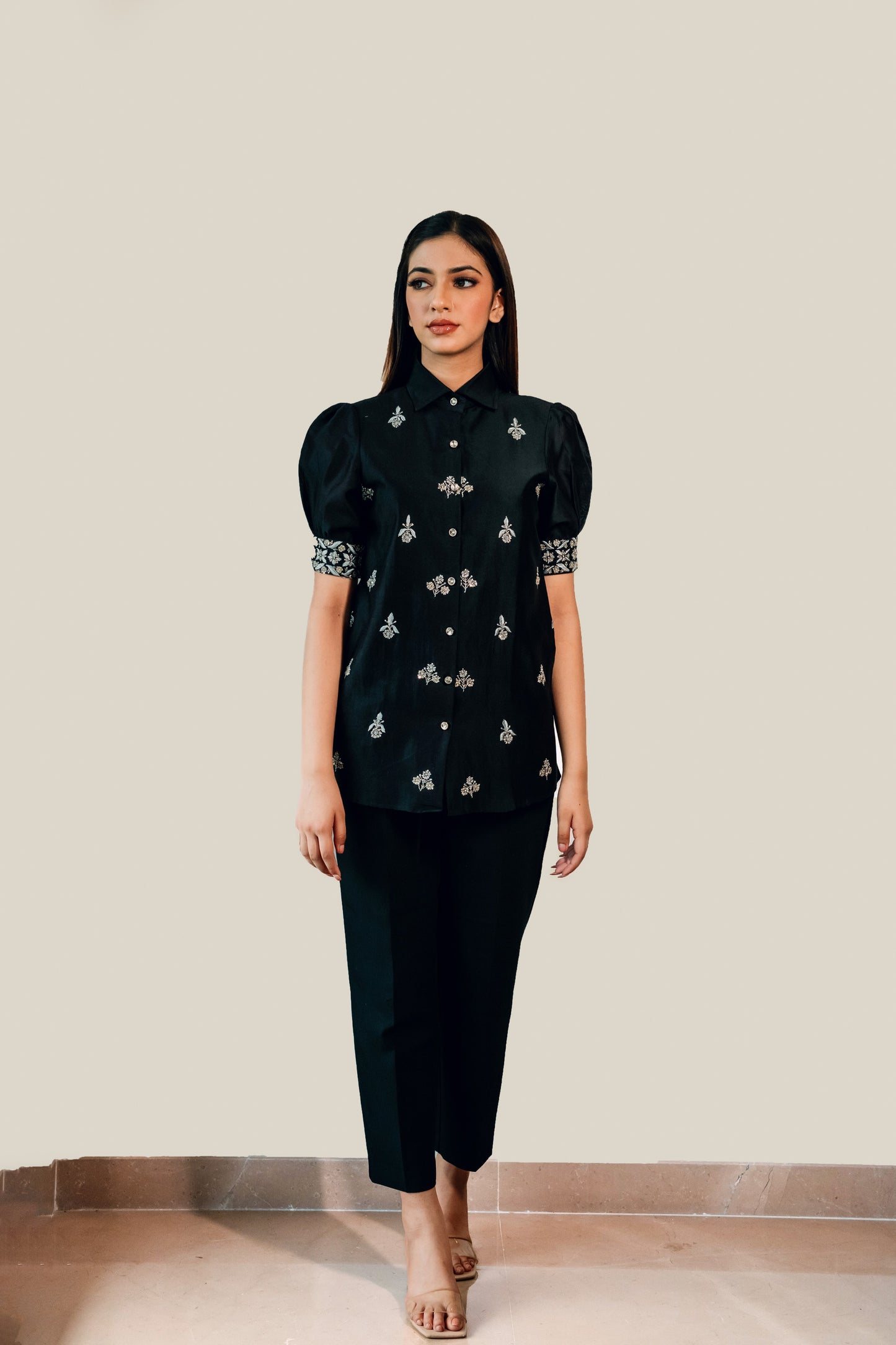 Black Chanderi Silk Highlighted Half Sleeve Collar Shirt