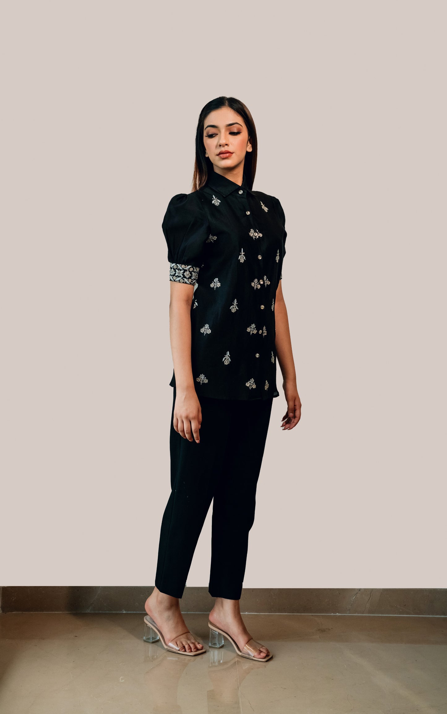 Black Chanderi Silk Highlighted Half Sleeve Collar Shirt