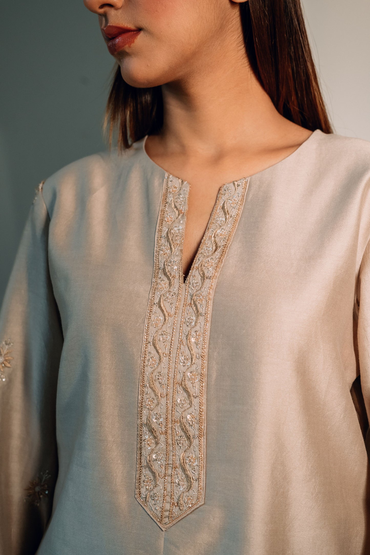 Taupe Brown Chanderi Silk Chikankari Tunic