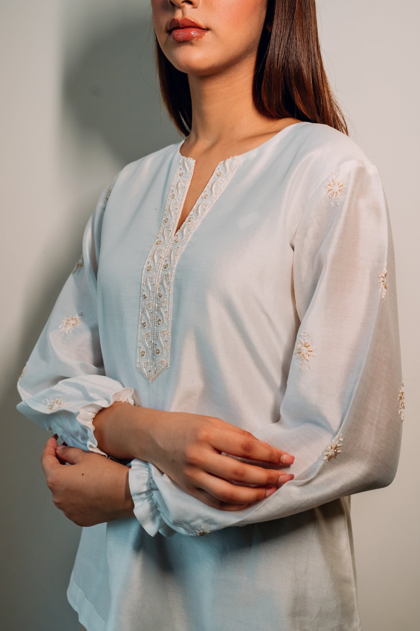 White Chanderi Silk Chikankari Tunic