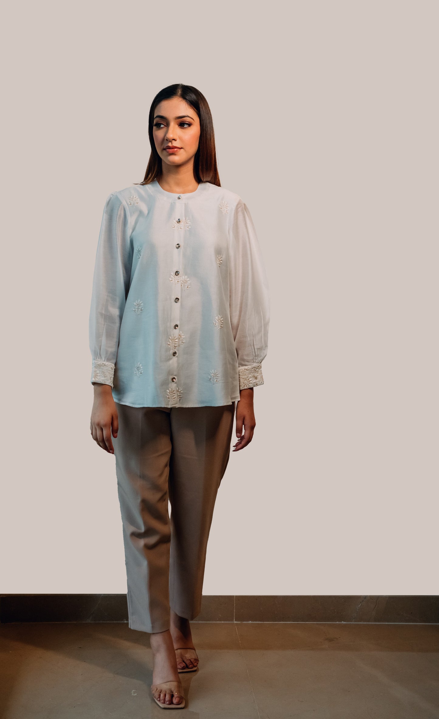 White Chanderi Silk Highlighted Chinese Collar Shirt