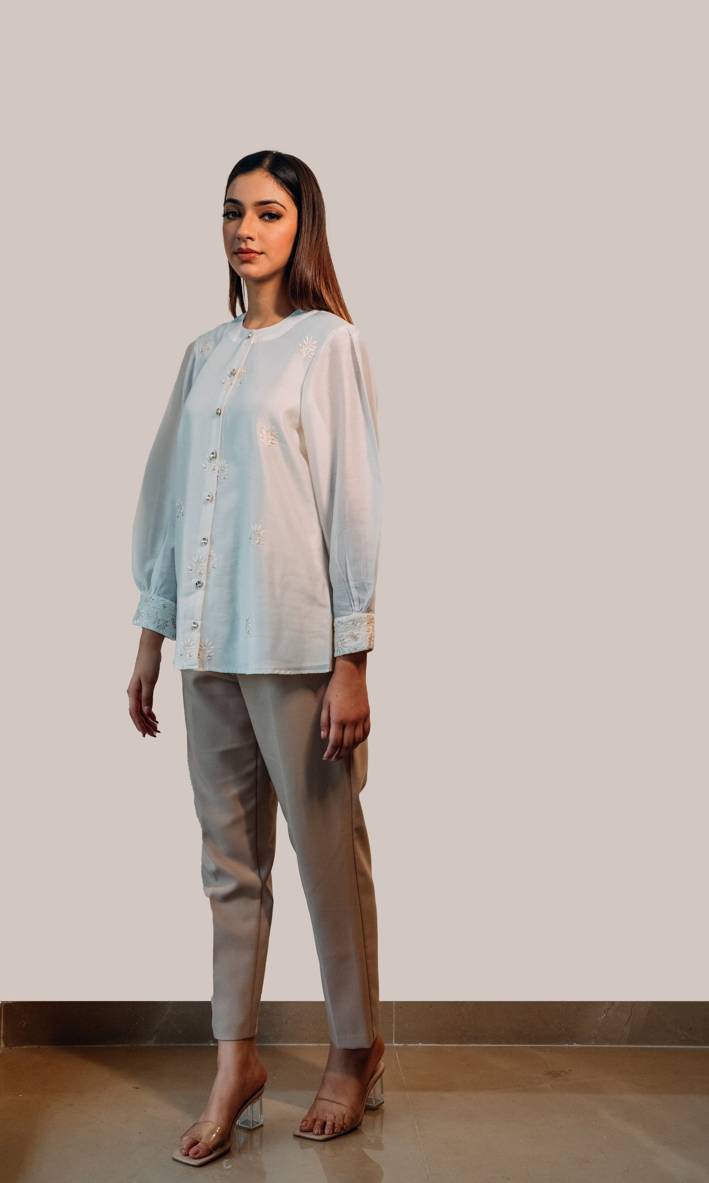 White Chanderi Silk Highlighted Chinese Collar Shirt