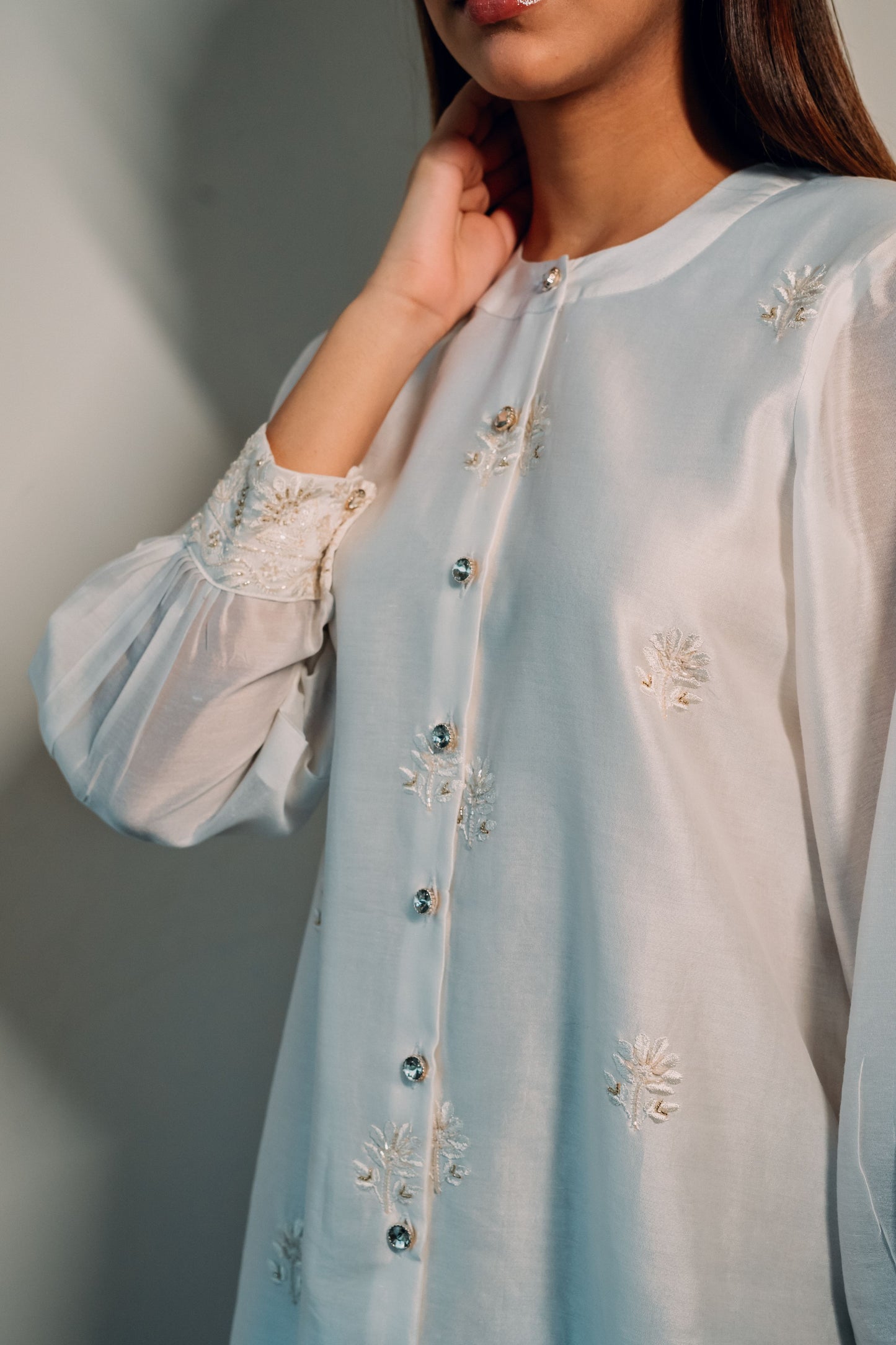 White Chanderi Silk Highlighted Chinese Collar Shirt