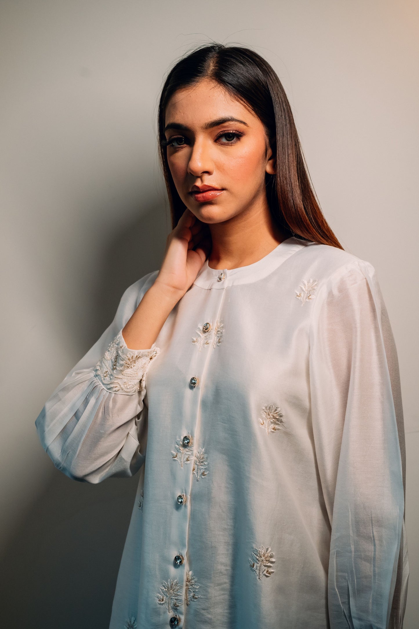 White Chanderi Silk Highlighted Chinese Collar Shirt