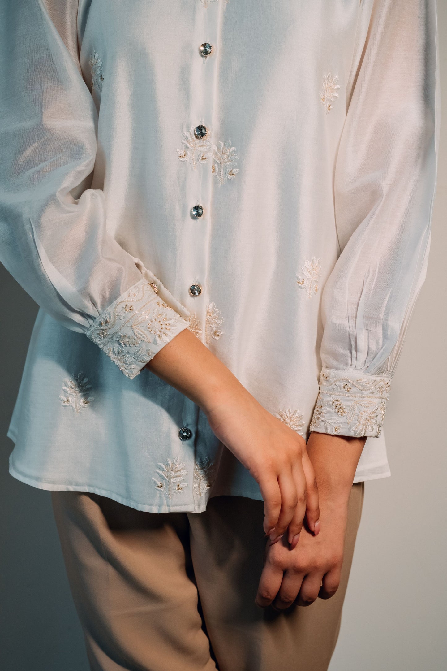 White Chanderi Silk Highlighted Chinese Collar Shirt