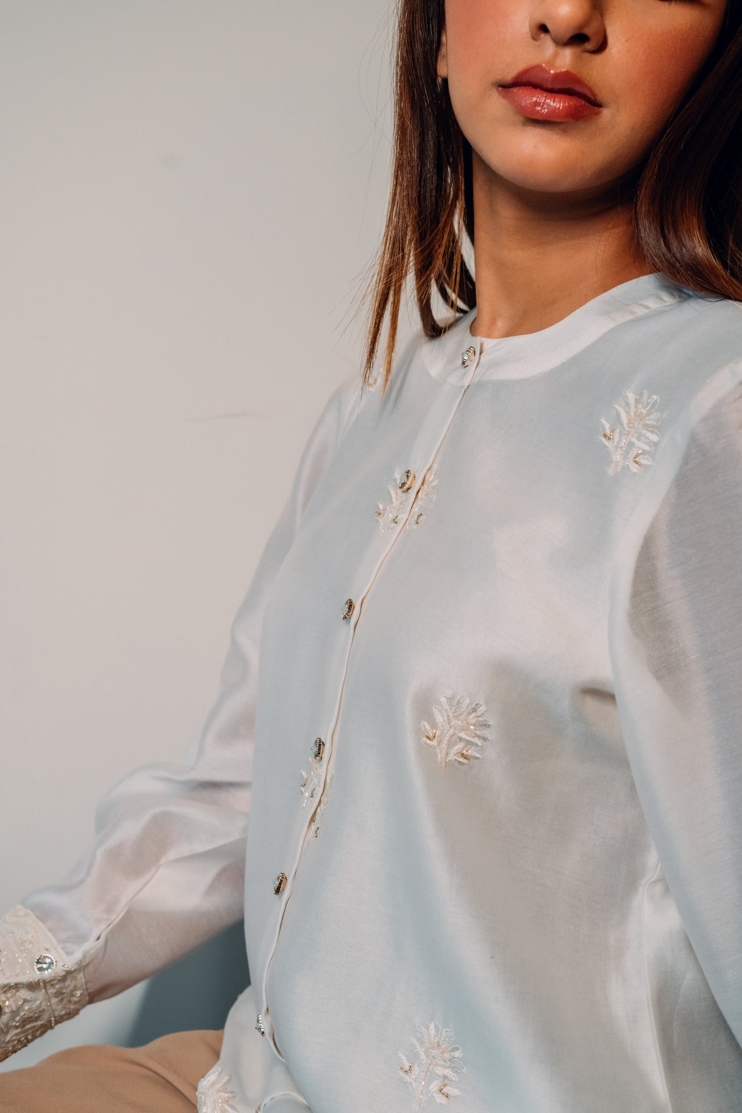 White Chanderi Silk Highlighted Chinese Collar Shirt