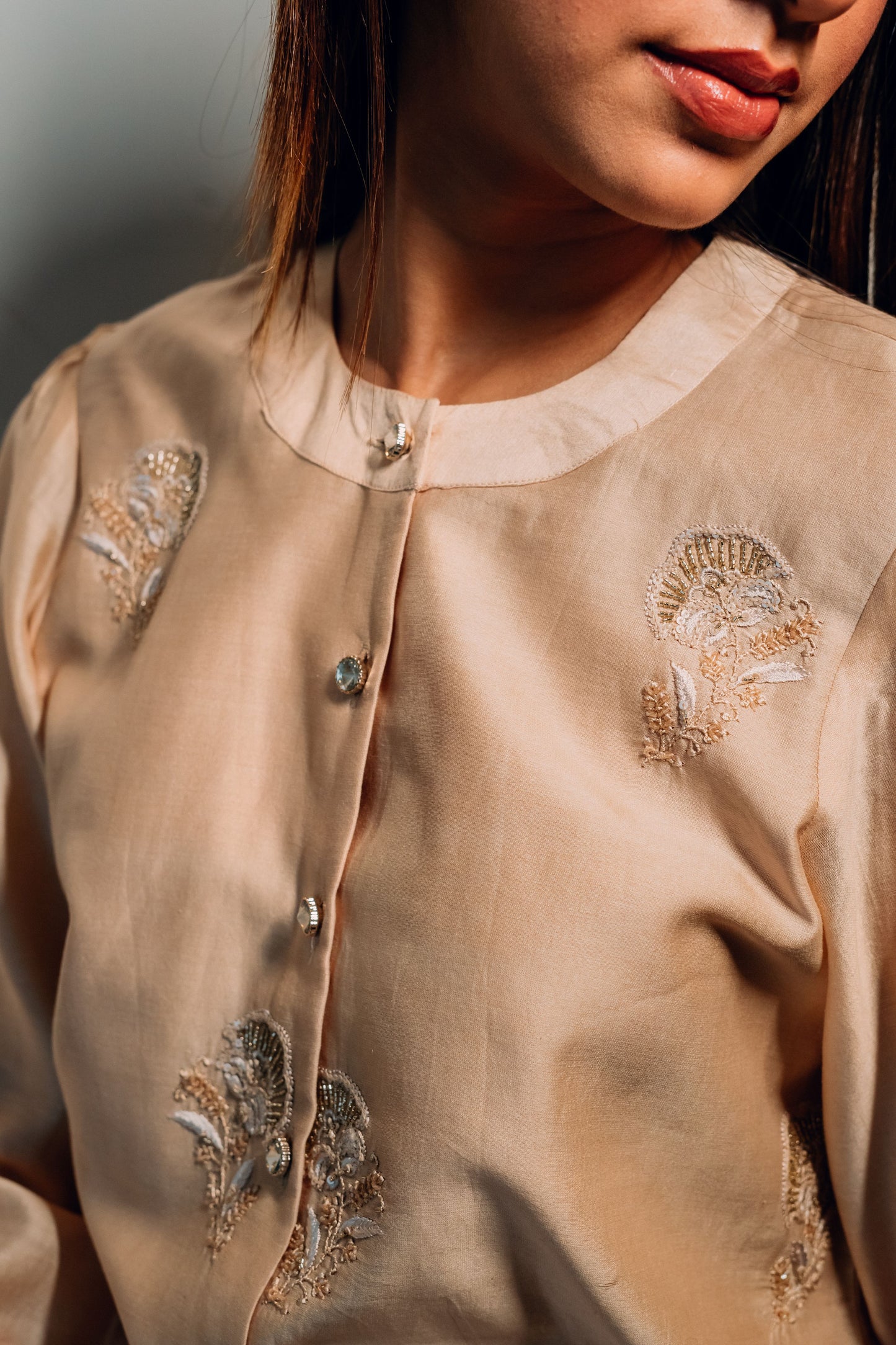 Beige Chanderi Silk Highlighted Chinese Collar Shirt