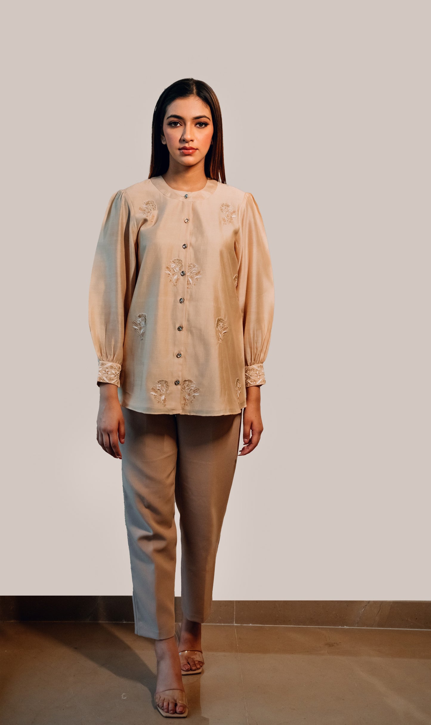 Beige Chanderi Silk Highlighted Chinese Collar Shirt