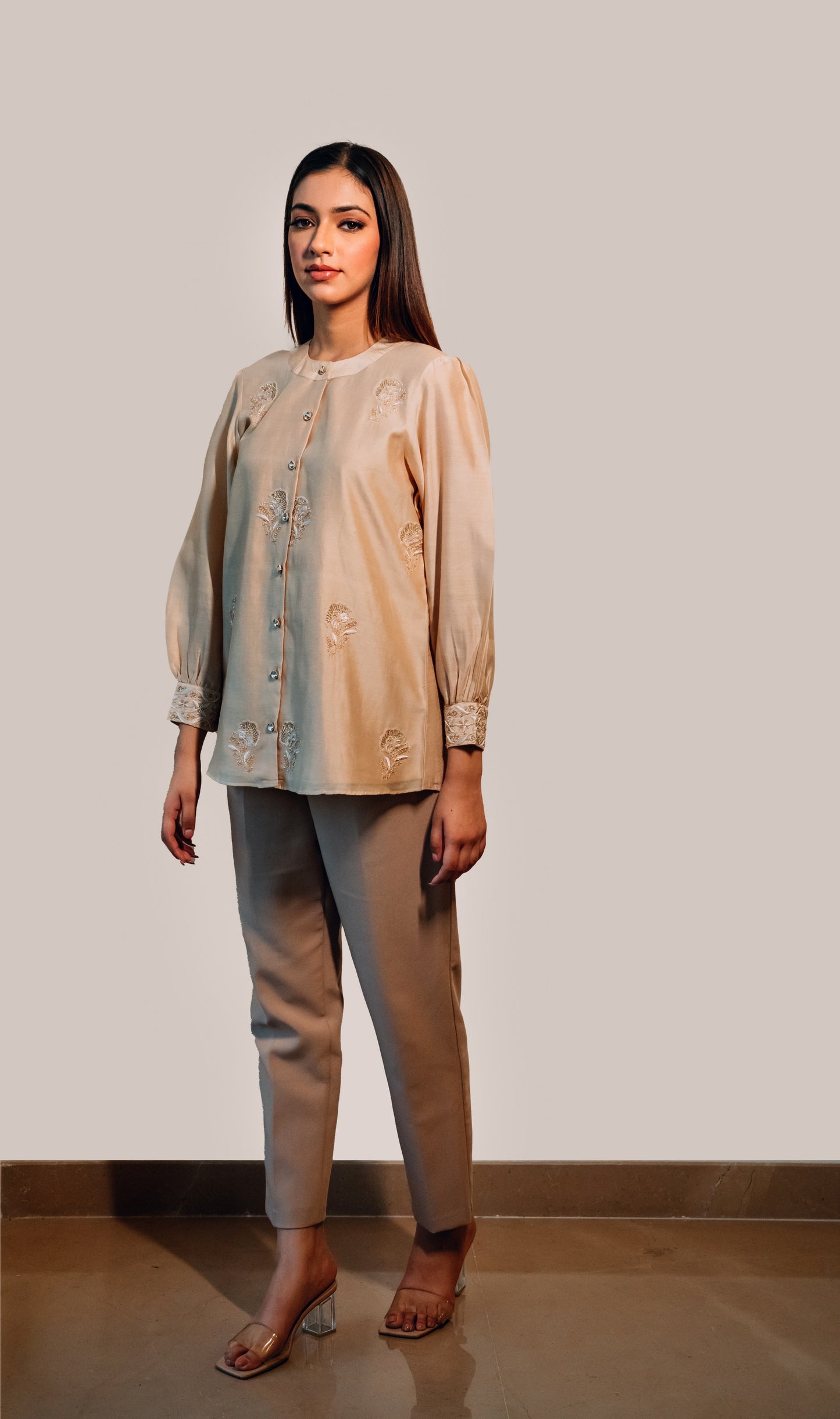 Beige Chanderi Silk Highlighted Chinese Collar Shirt