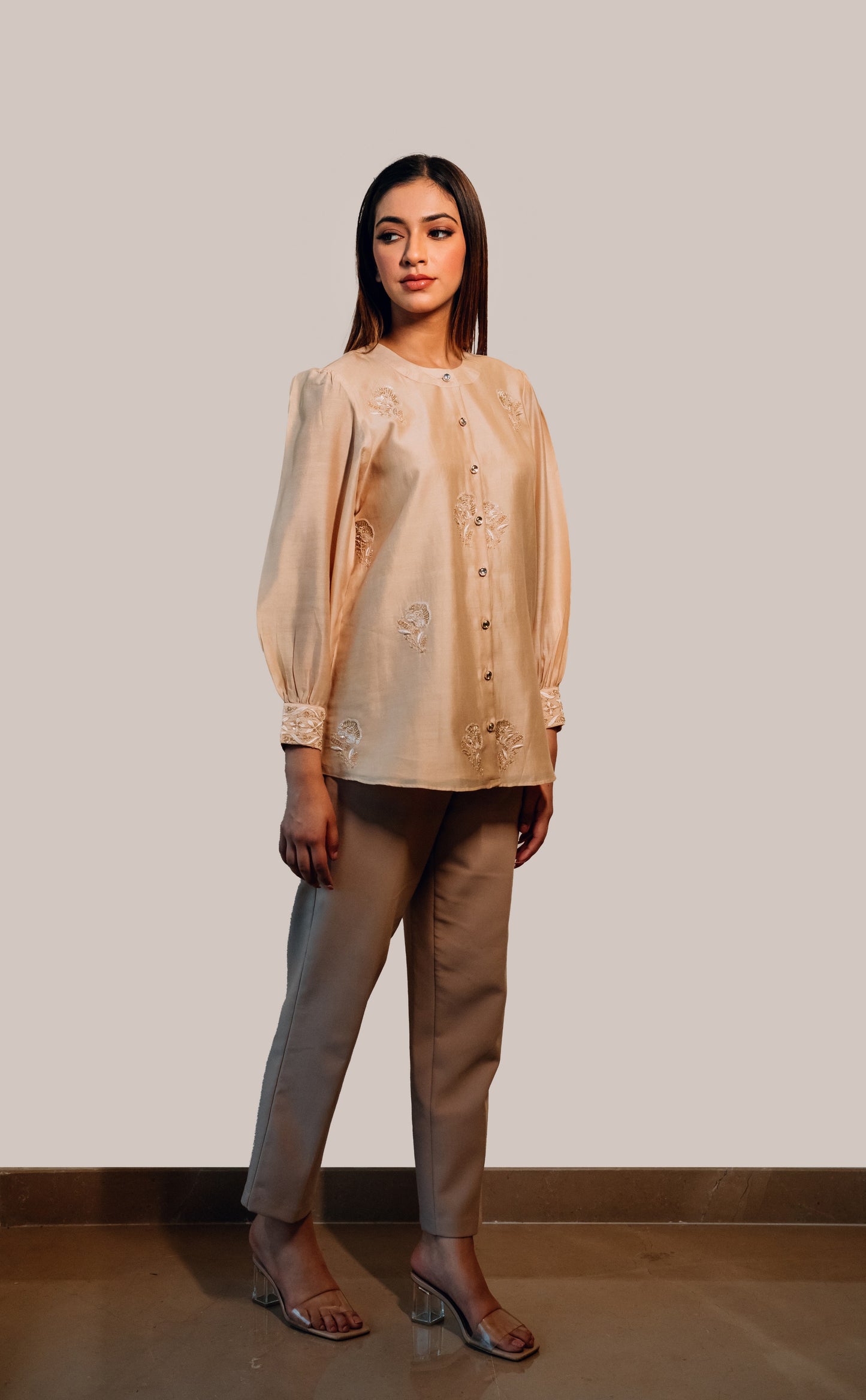 Beige Chanderi Silk Highlighted Chinese Collar Shirt