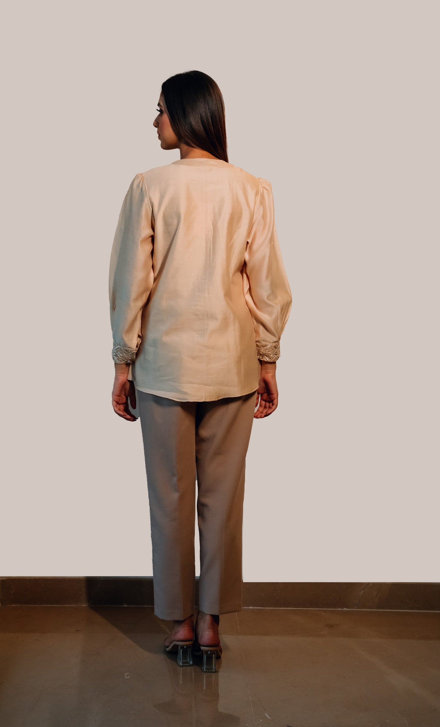 Beige Chanderi Silk Highlighted Chinese Collar Shirt