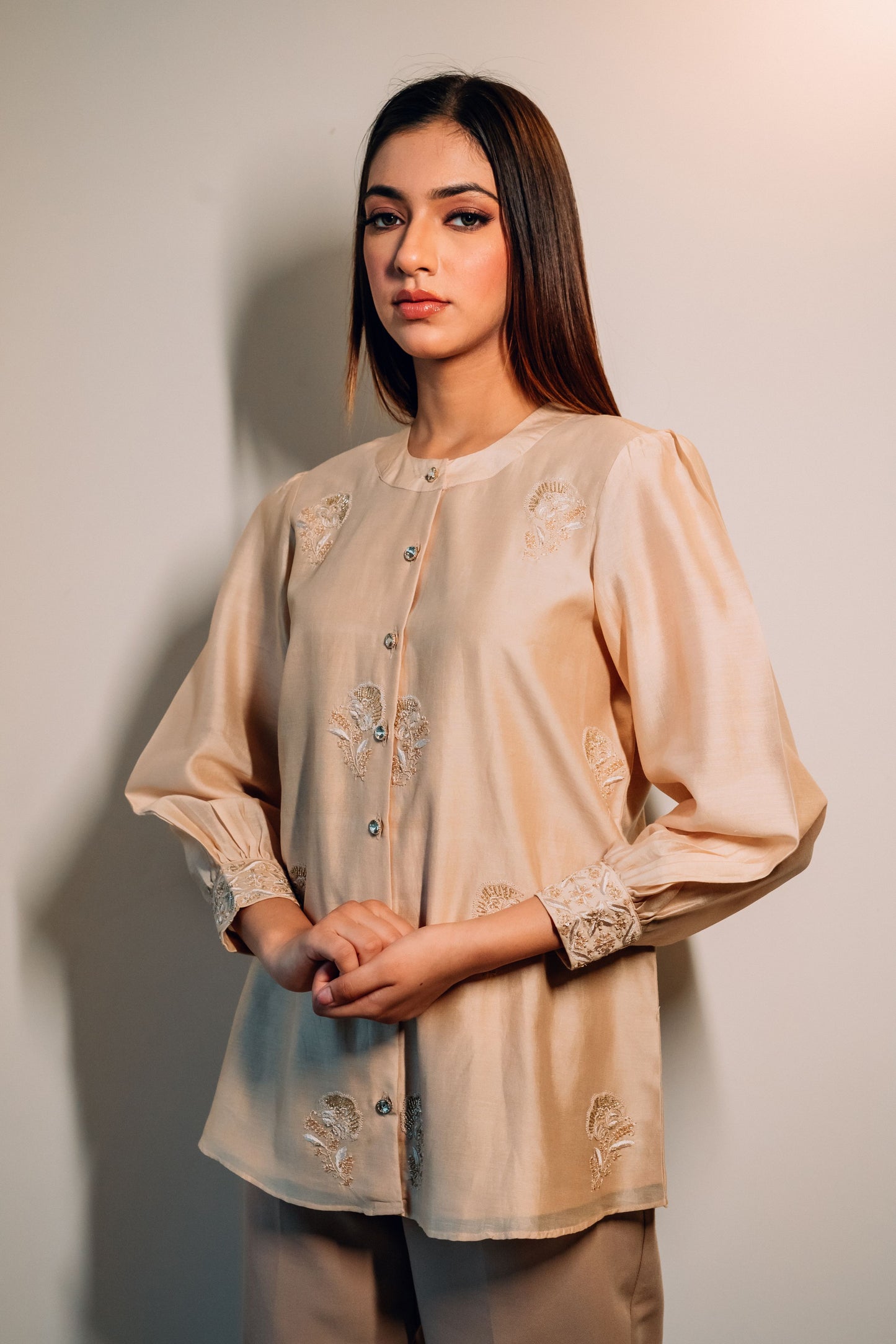 Beige Chanderi Silk Highlighted Chinese Collar Shirt