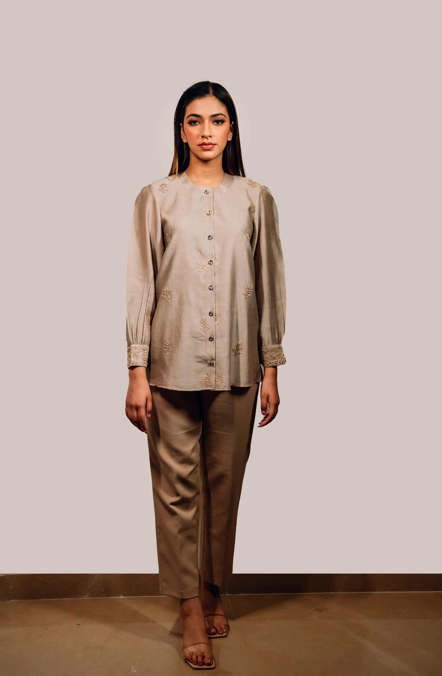 Taupe Brown Chanderi Silk Highlighted Chinese Collar Shirt