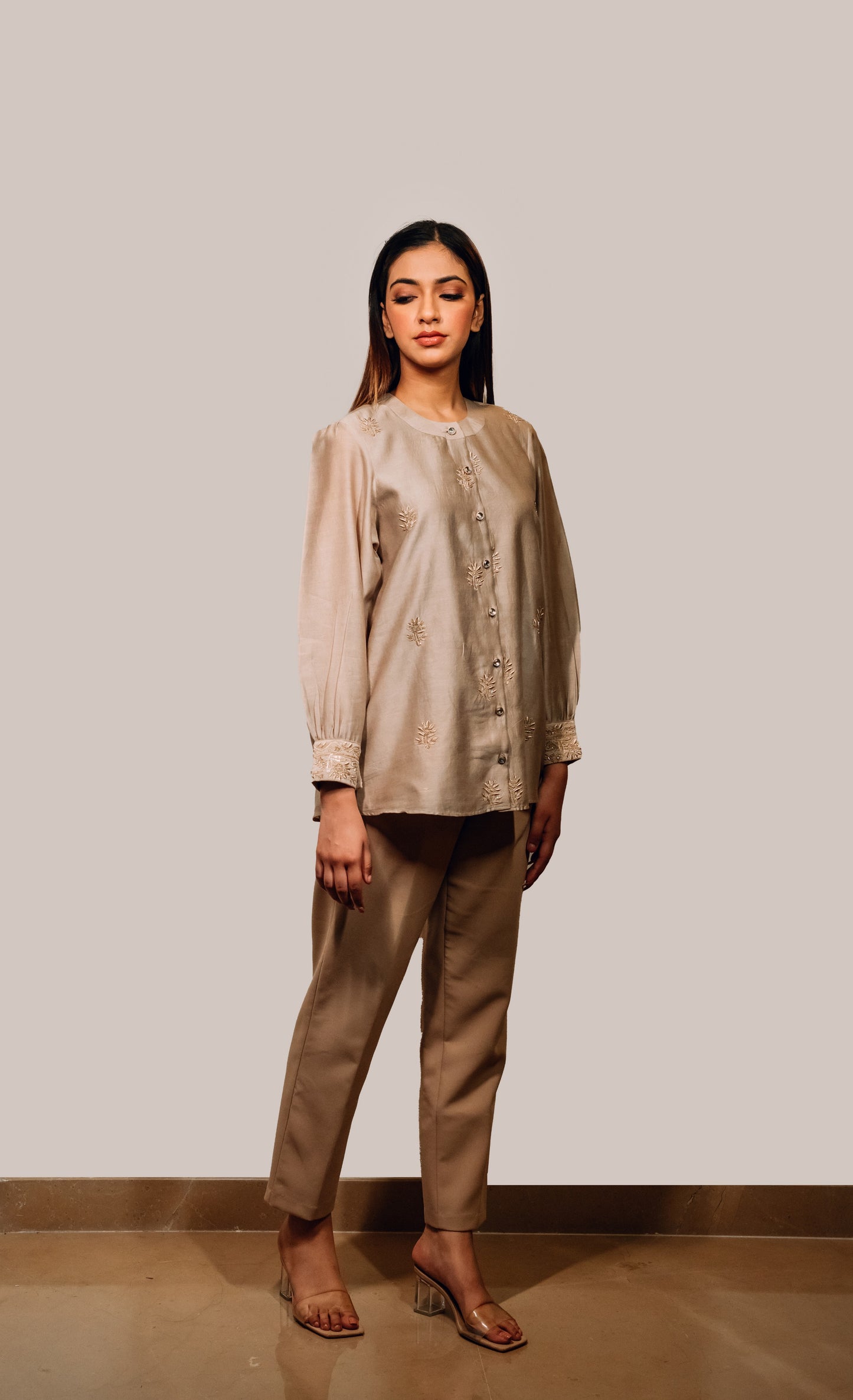 Taupe Brown Chanderi Silk Highlighted Chinese Collar Shirt