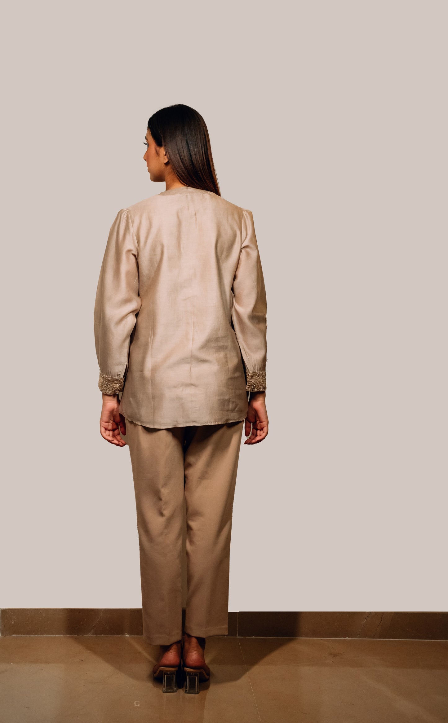 Taupe Brown Chanderi Silk Highlighted Chinese Collar Shirt