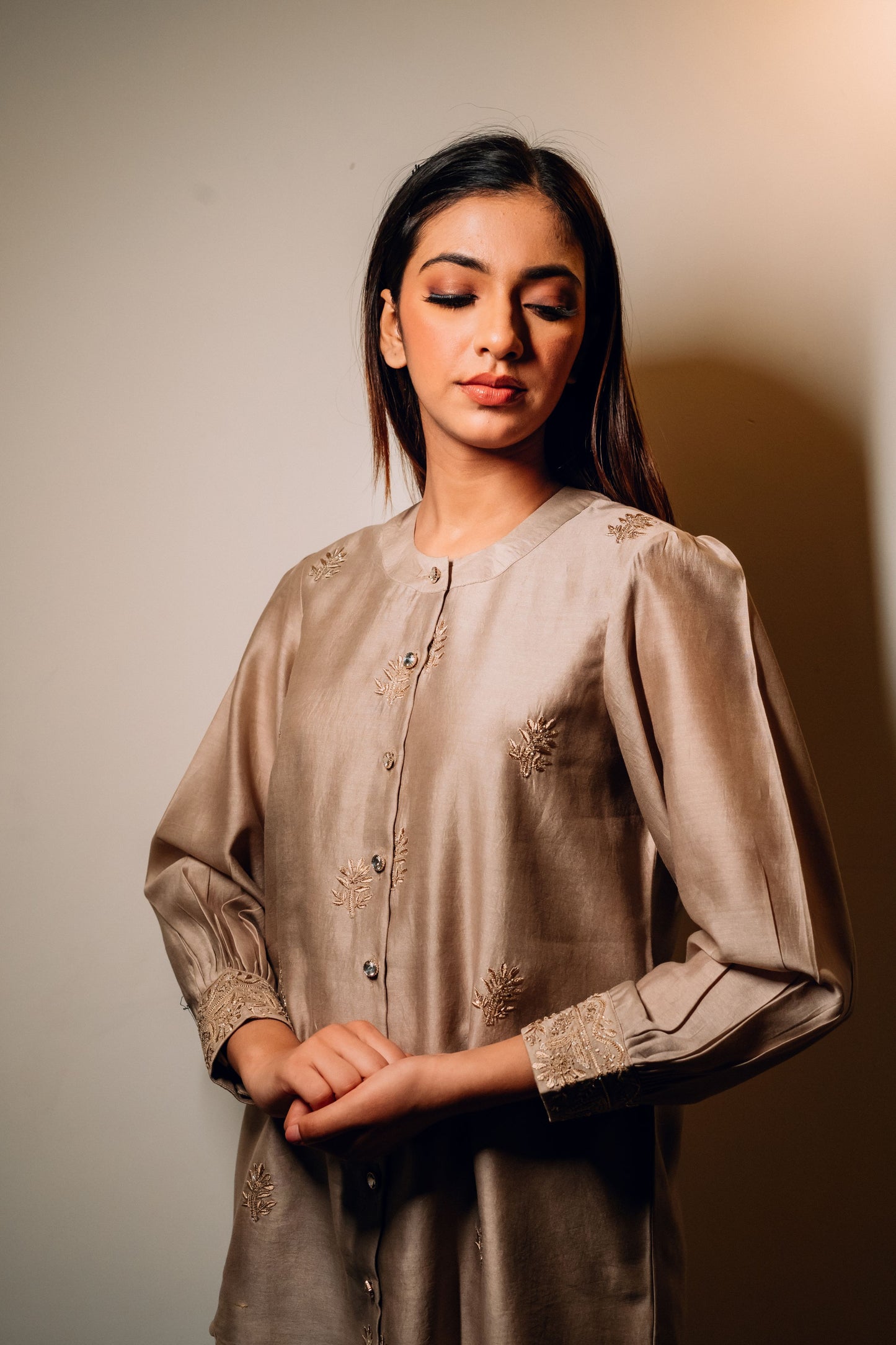 Taupe Brown Chanderi Silk Highlighted Chinese Collar Shirt