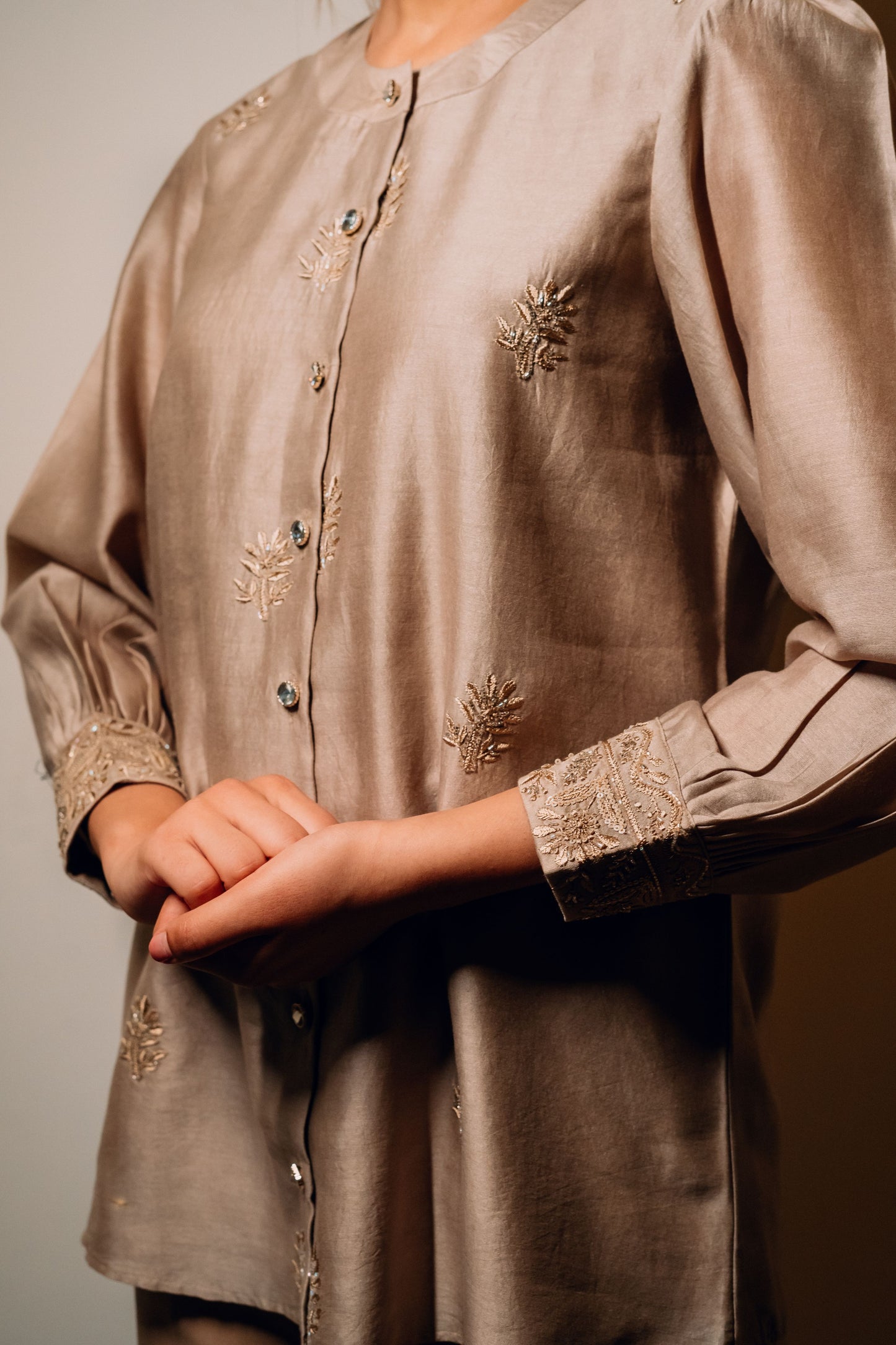 Taupe Brown Chanderi Silk Highlighted Chinese Collar Shirt