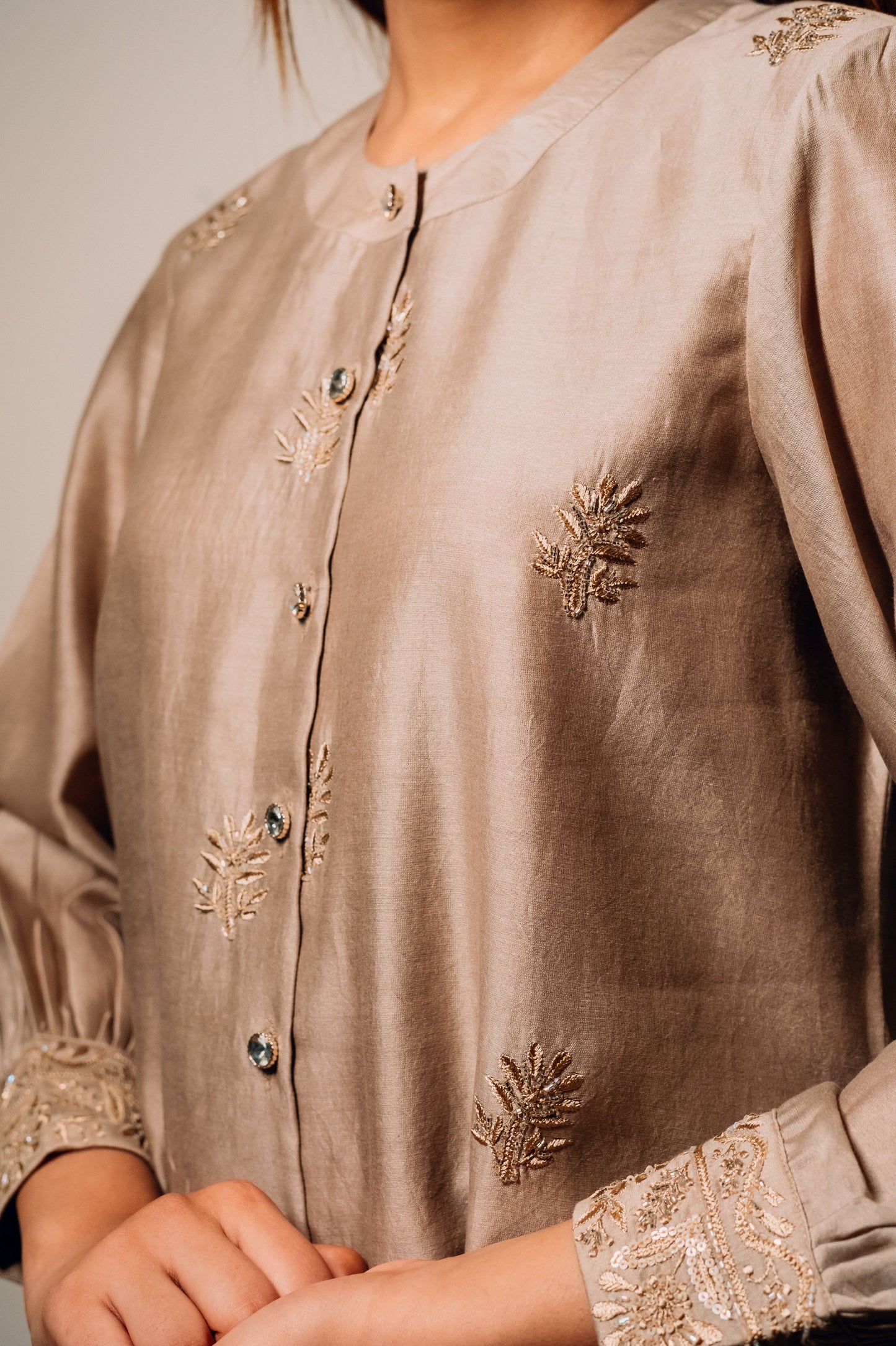 Taupe Brown Chanderi Silk Highlighted Chinese Collar Shirt