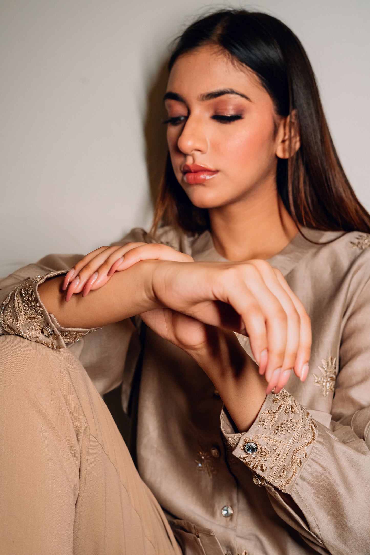 Taupe Brown Chanderi Silk Highlighted Chinese Collar Shirt