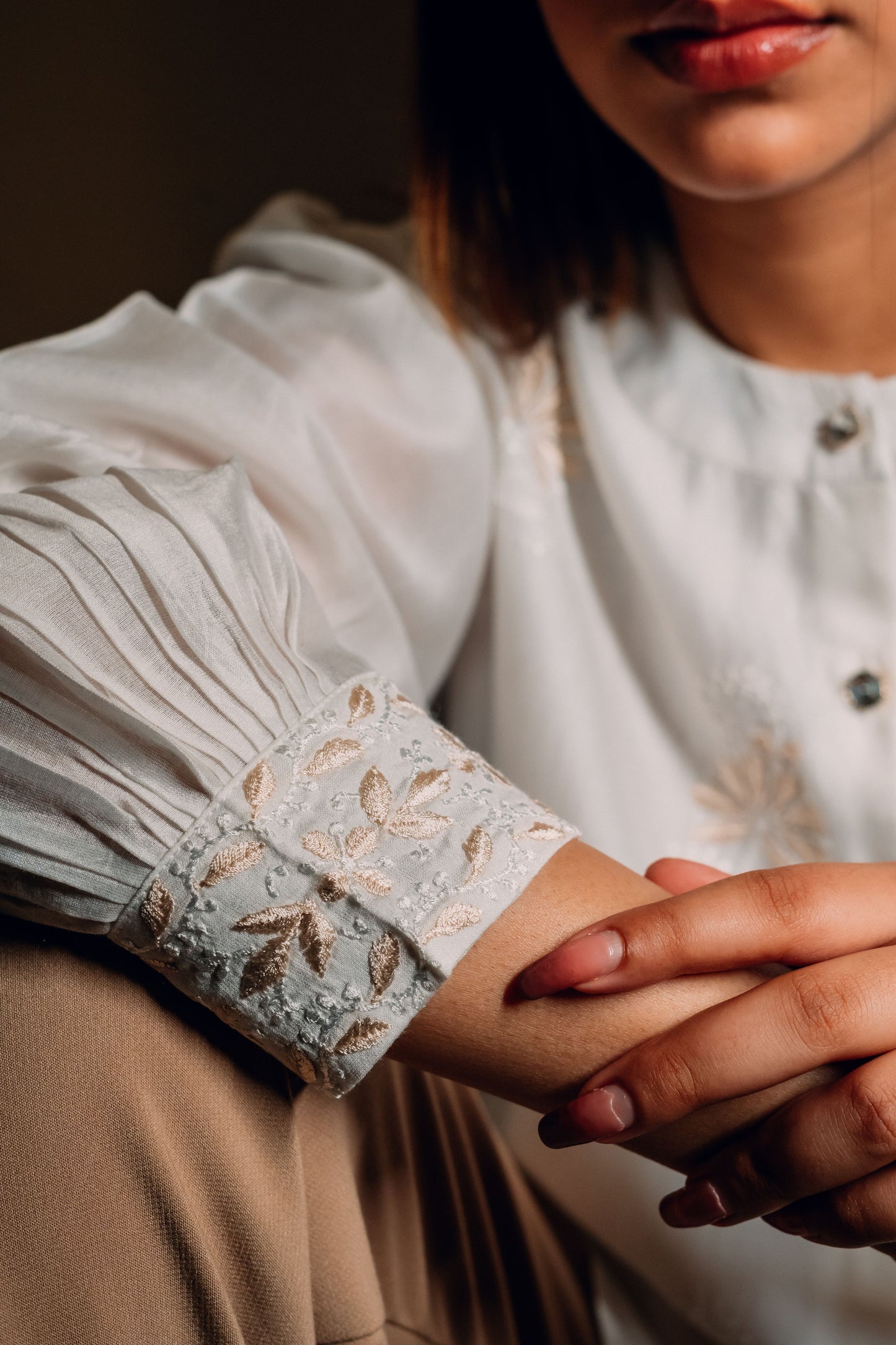 White Chanderi Silk Chinese Collar Shirt