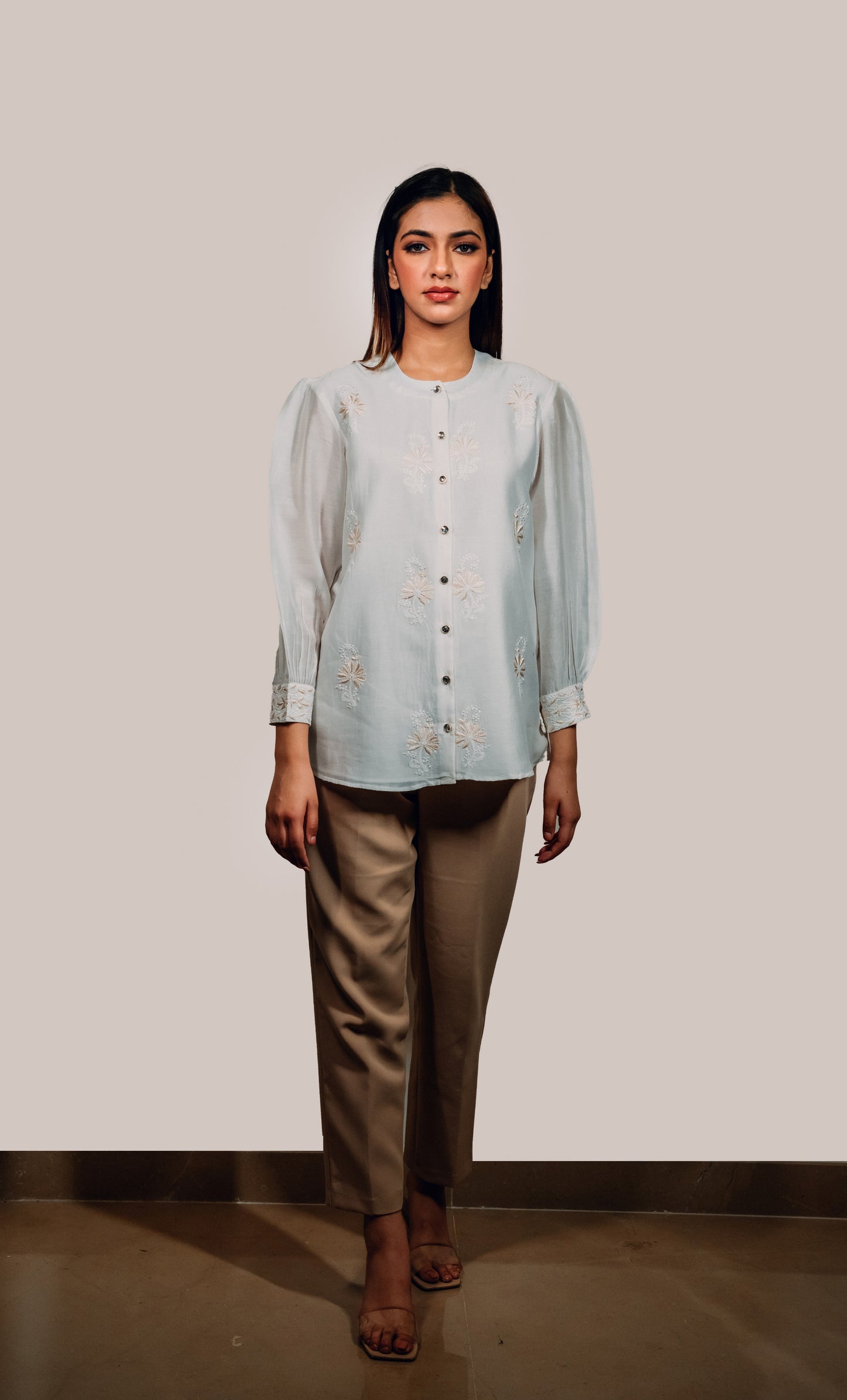 White Chanderi Silk Chinese Collar Shirt