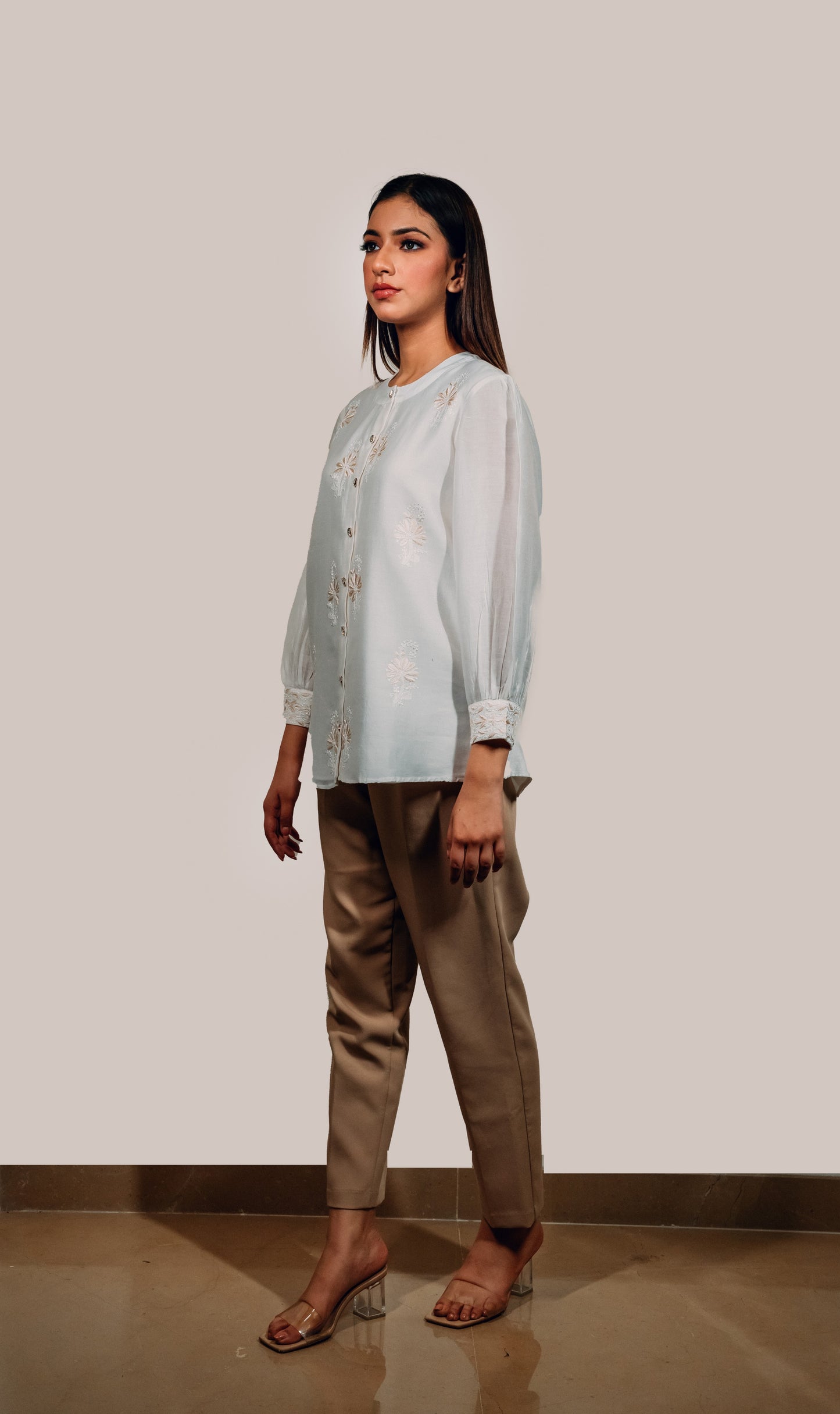 White Chanderi Silk Chinese Collar Shirt