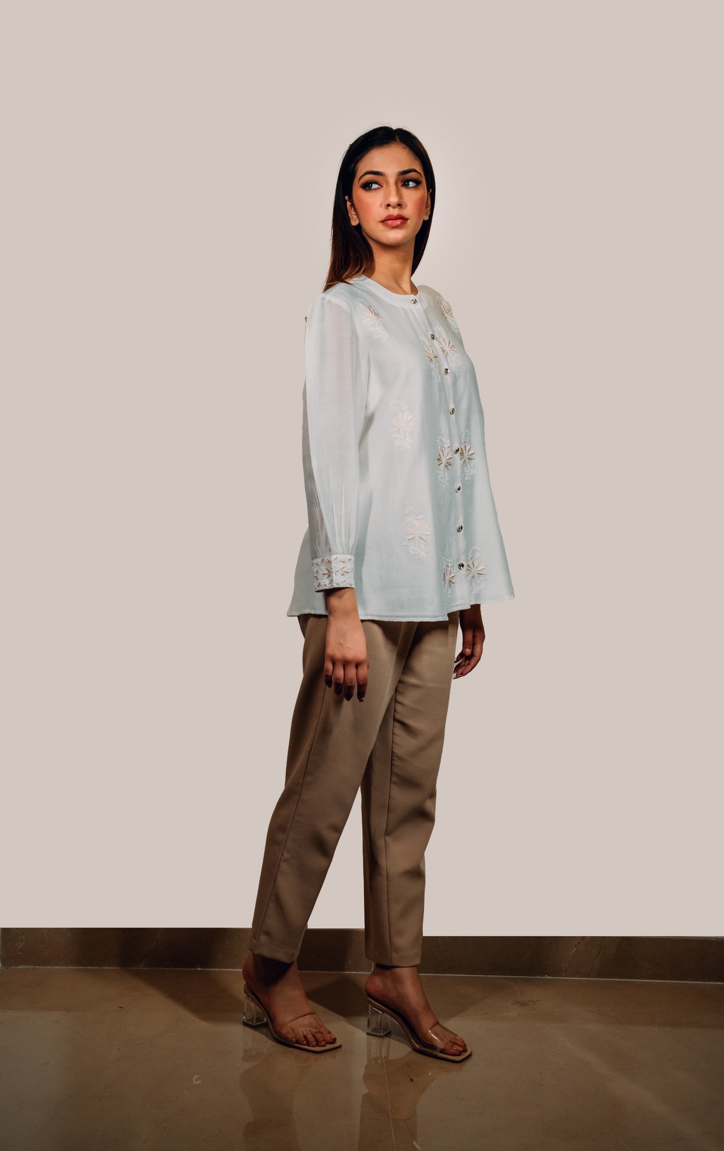 White Chanderi Silk Chinese Collar Shirt