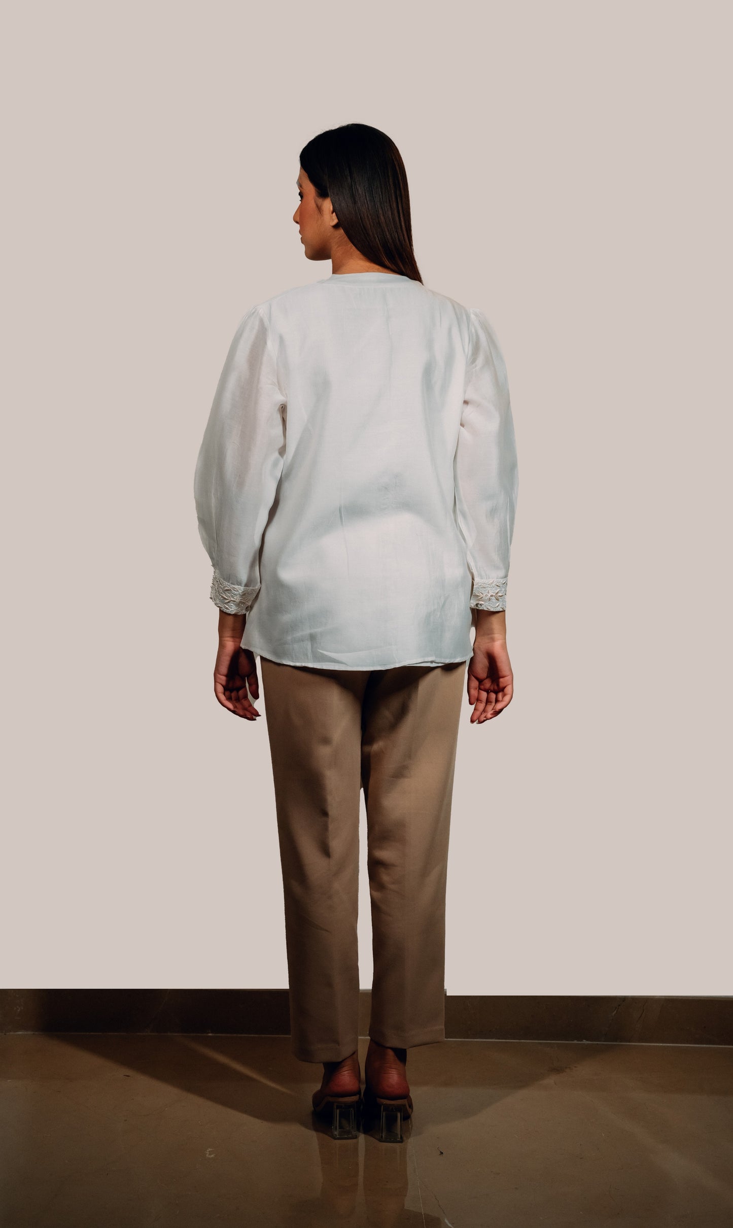 White Chanderi Silk Chinese Collar Shirt