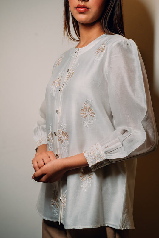 White Chanderi Silk Chinese Collar Shirt