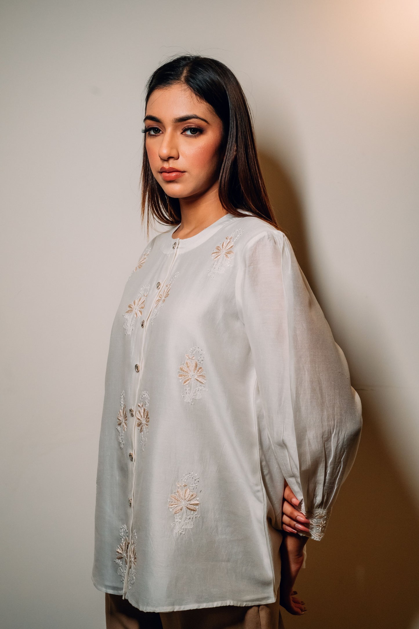 White Chanderi Silk Chinese Collar Shirt